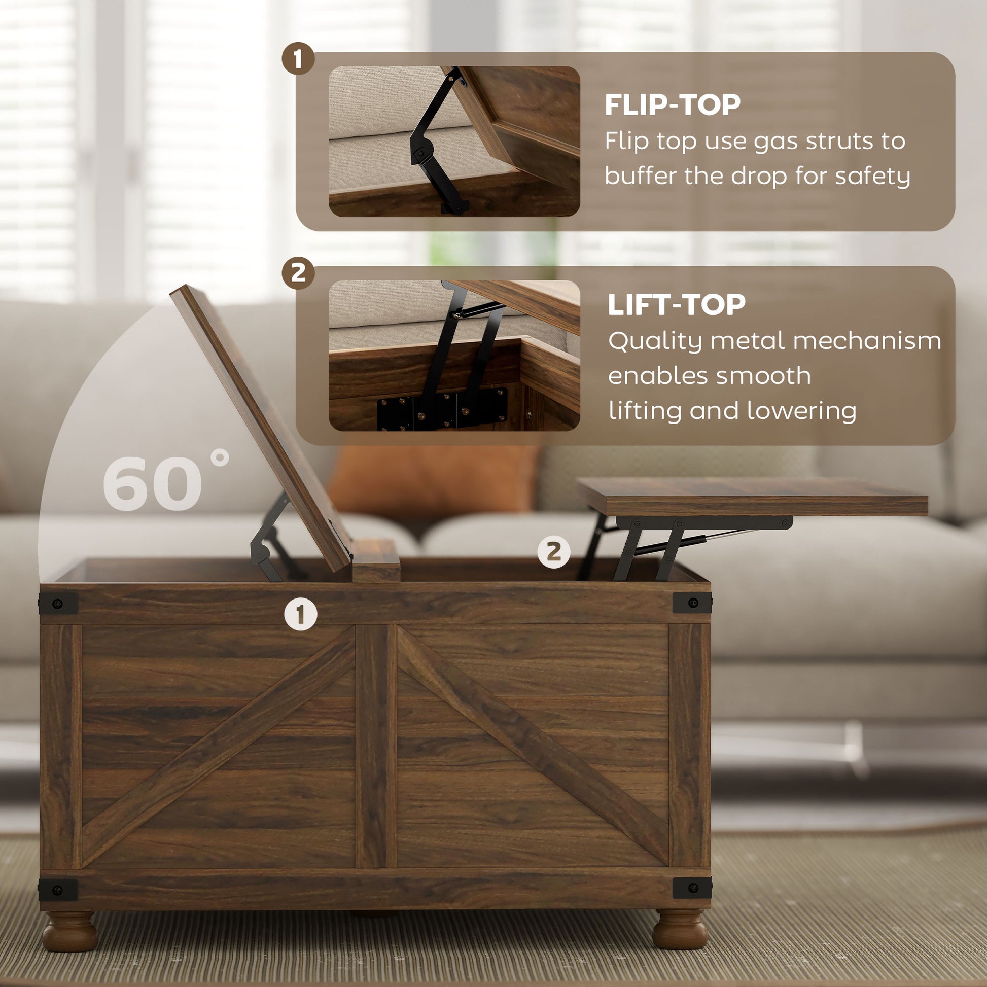 Farmhouse Coffee Table with Lift Top, 32" - Brown Wood Grain, Hidden Compartment-DECOROLALA
