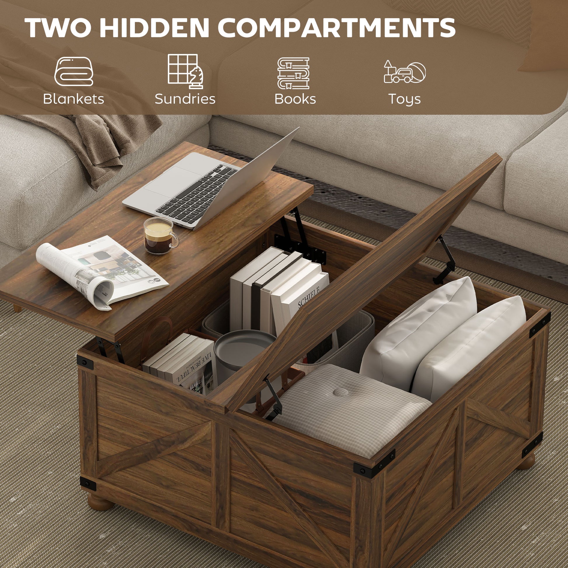 Farmhouse Coffee Table with Lift Top, 32" - Brown Wood Grain, Hidden Compartment-DECOROLALA