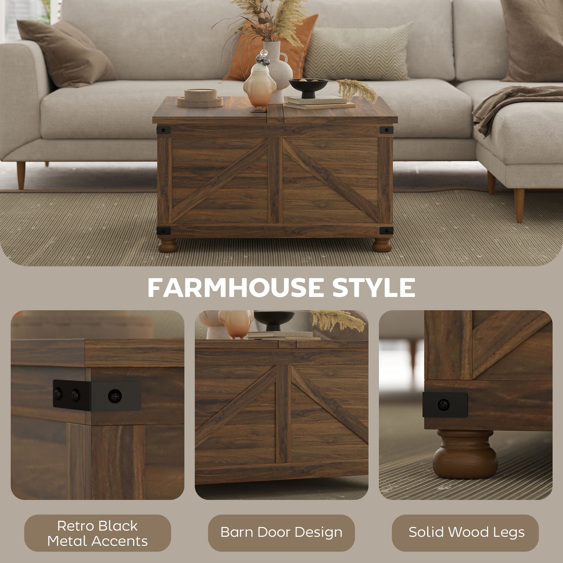 Farmhouse Coffee Table with Lift Top, 32" - Brown Wood Grain, Hidden Compartment-DECOROLALA