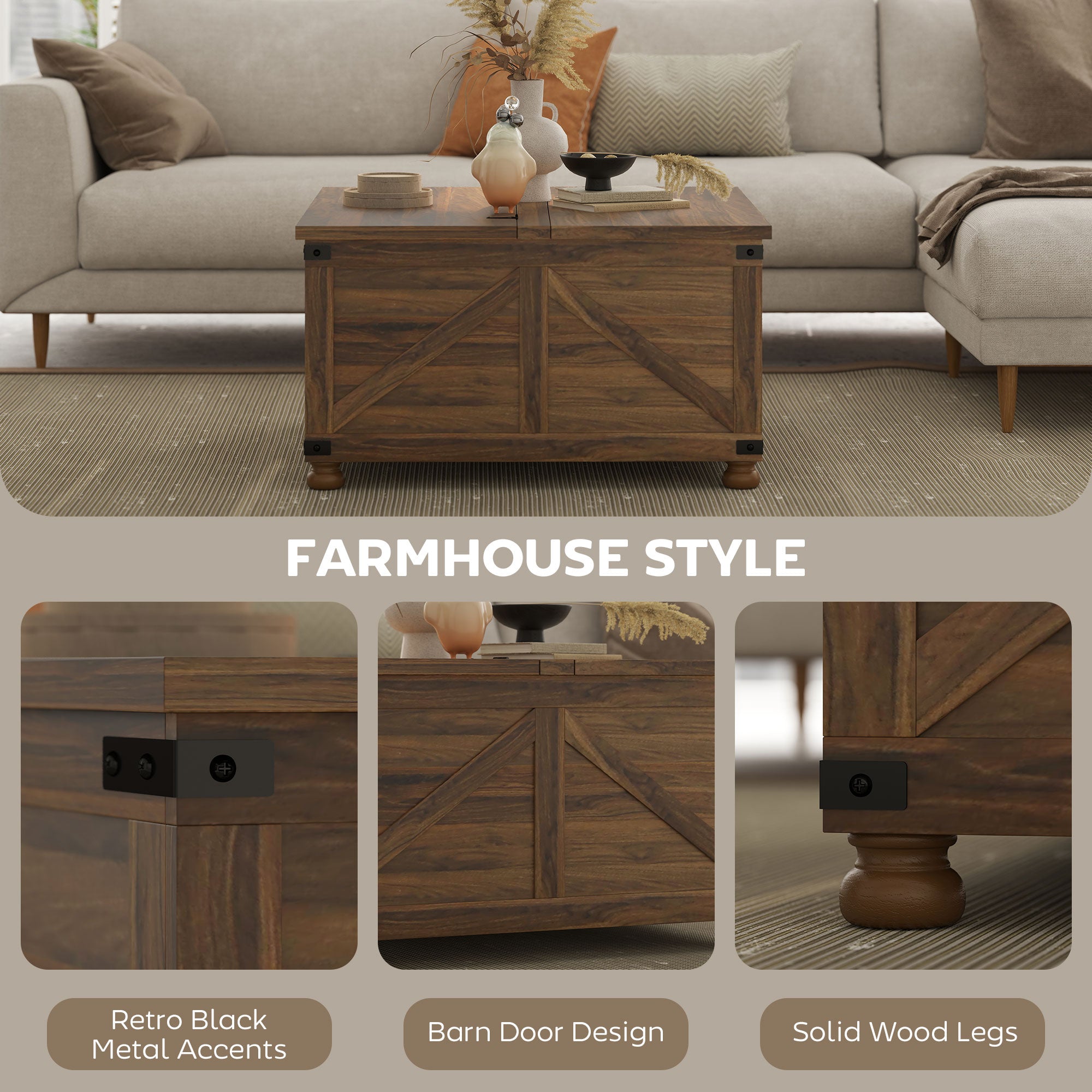 Farmhouse Coffee Table with Lift Top, 32" - Brown Wood Grain, Hidden Compartment-DECOROLALA