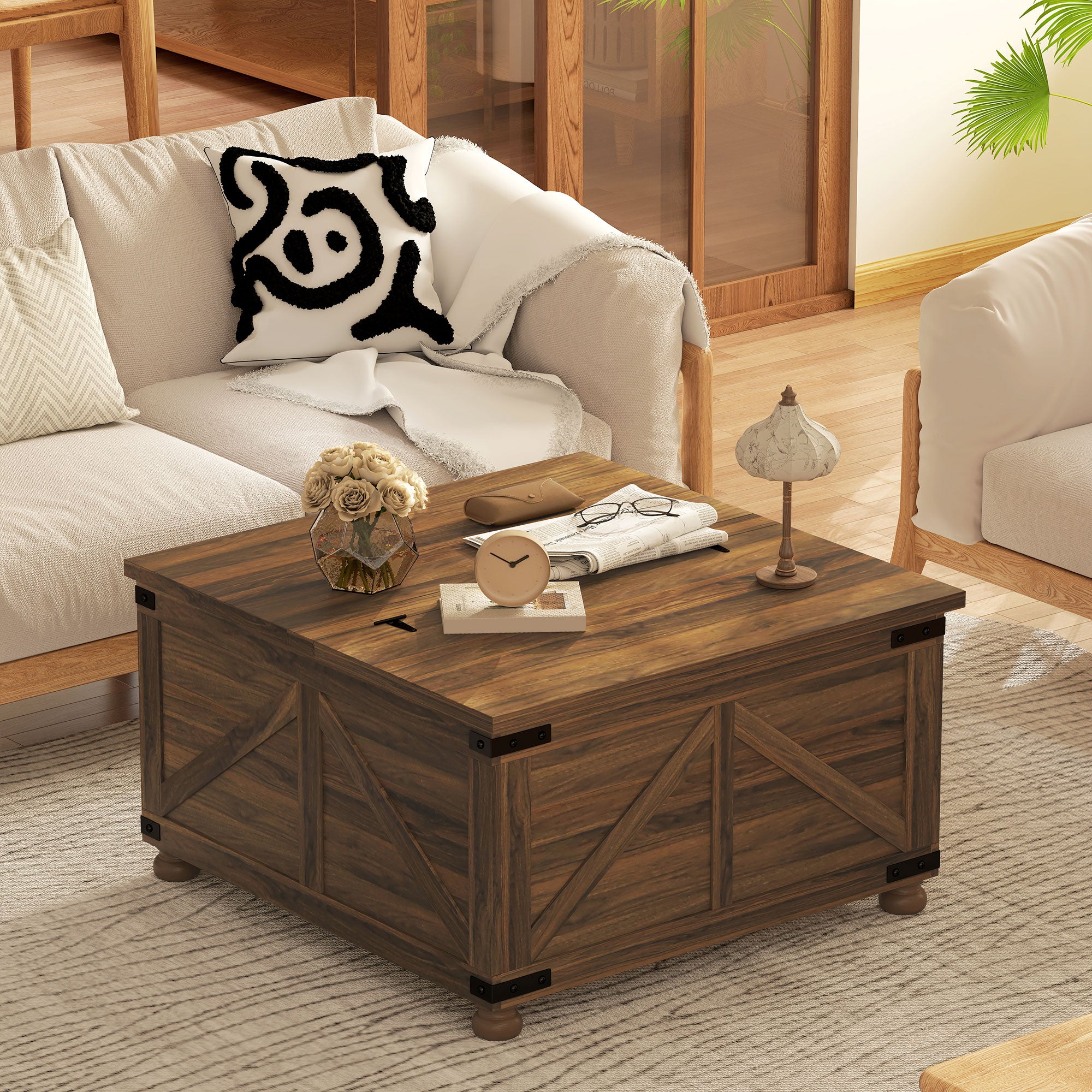 Farmhouse Coffee Table with Lift Top, 32" - Brown Wood Grain, Hidden Compartment-DECOROLALA