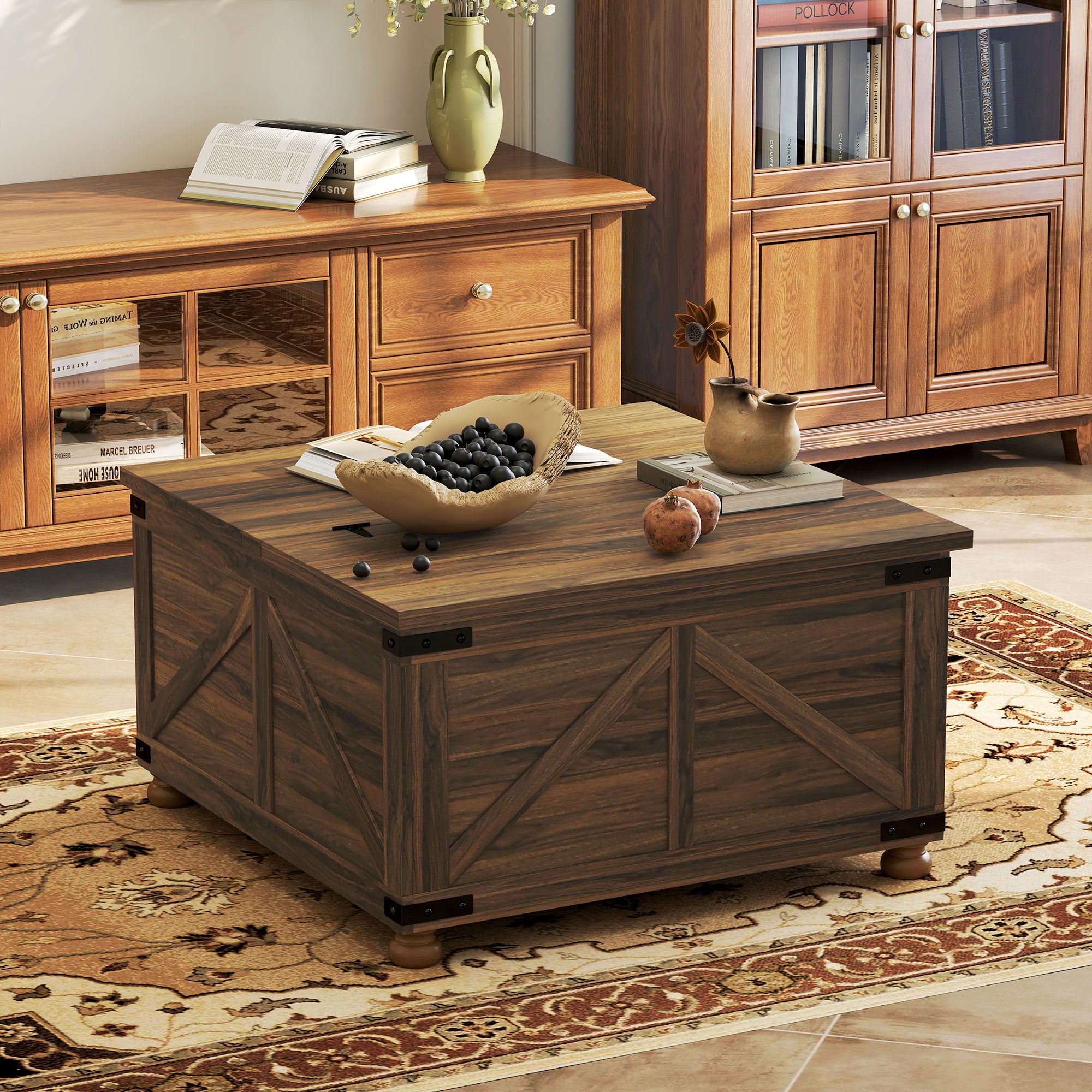 Farmhouse Coffee Table with Lift Top, 32" - Brown Wood Grain, Hidden Compartment-DECOROLALA