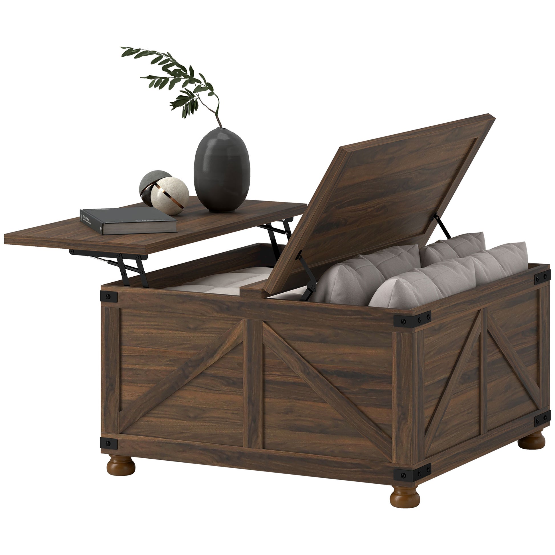 Farmhouse Coffee Table with Lift Top, 32" - Brown Wood Grain, Hidden Compartment-DECOROLALA