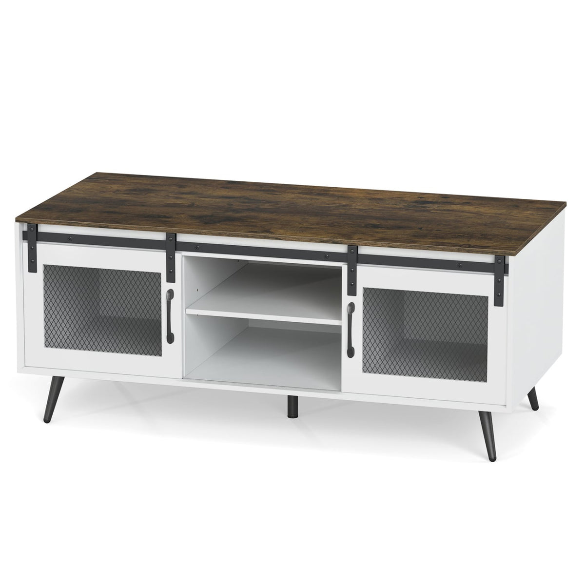 Farmhouse Coffee Table with Sliding Doors Rectangular with Adjustable Shelf-Rustic Brown-Coffee Tables-DECOROLALA