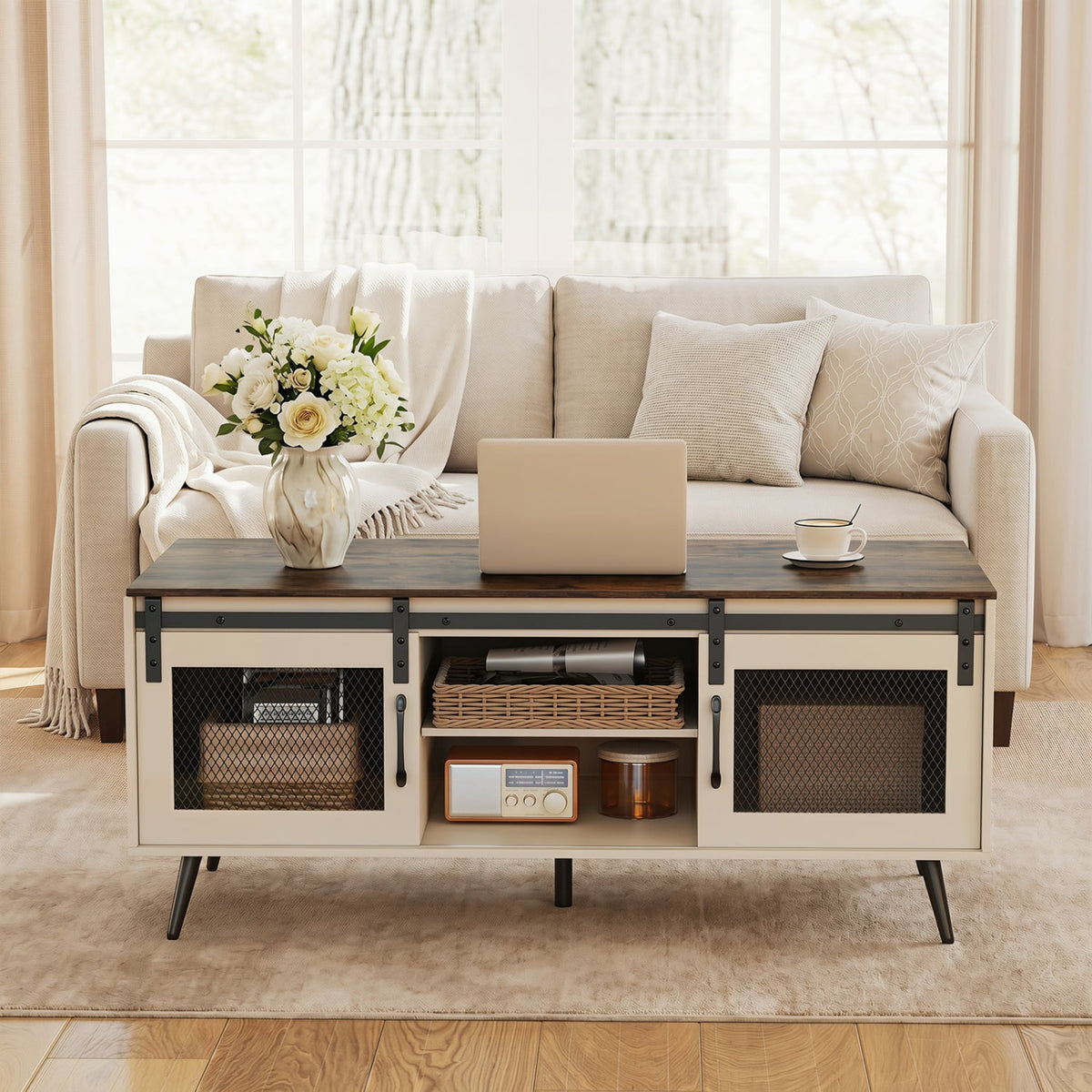 Farmhouse Coffee Table with Sliding Doors Rectangular with Adjustable Shelf-Rustic Brown-Coffee Tables-DECOROLALA