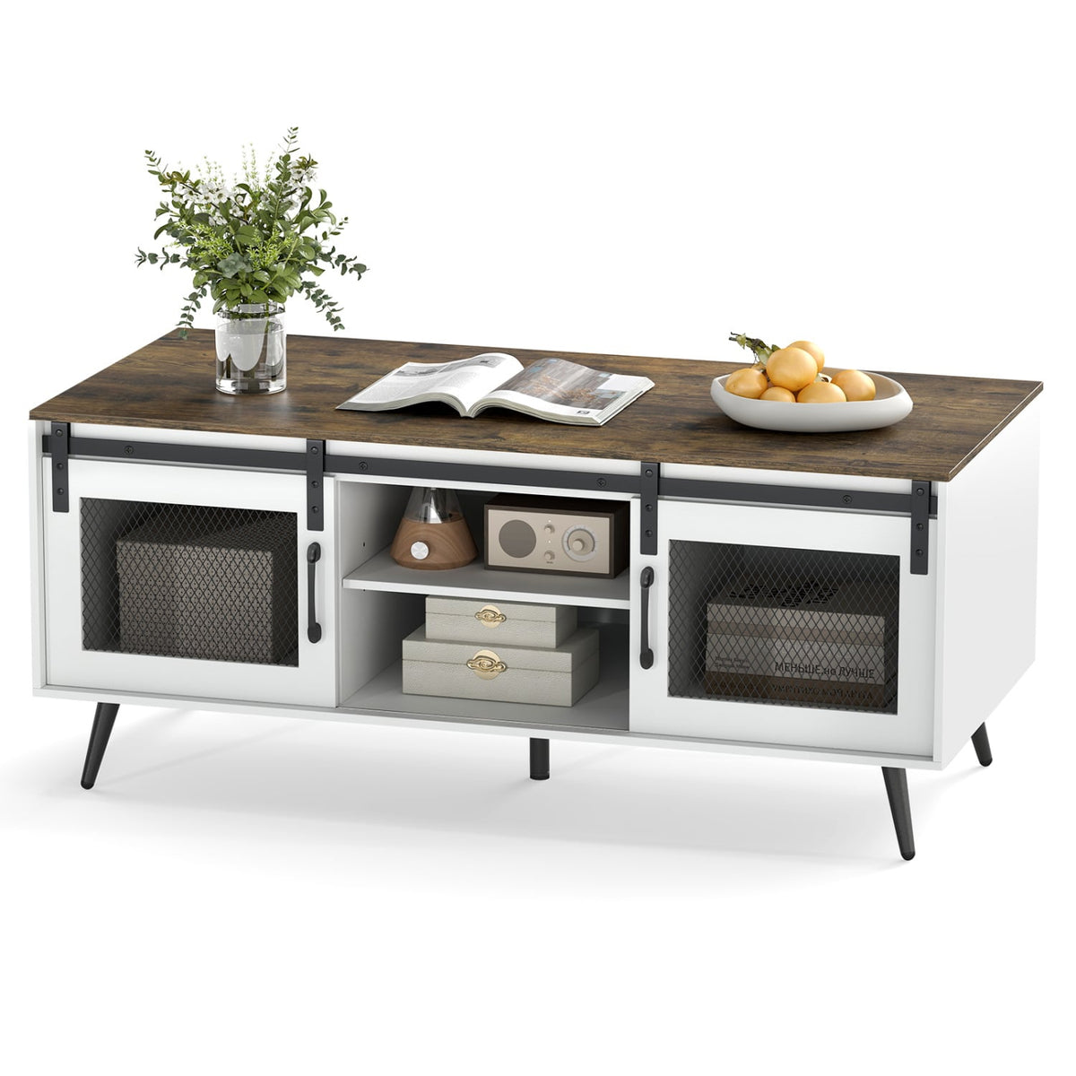 Farmhouse Coffee Table with Sliding Doors Rectangular with Adjustable Shelf-Rustic Brown-Coffee Tables-DECOROLALA