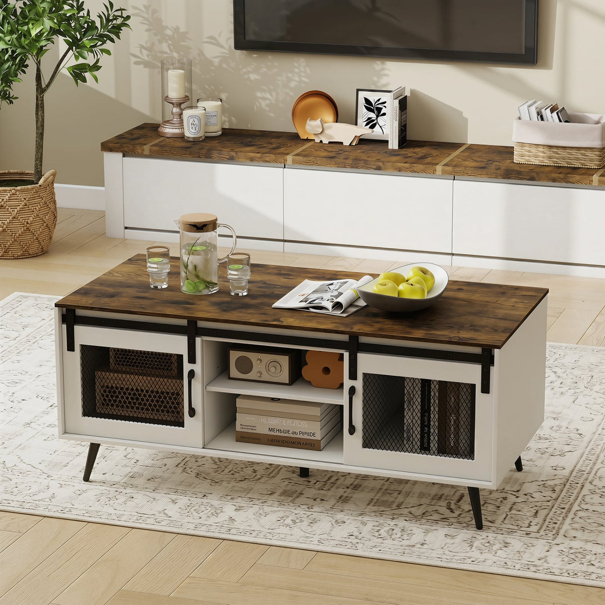Farmhouse Coffee Table with Sliding Doors Rectangular with Adjustable Shelf-Rustic Brown-Coffee Tables-DECOROLALA