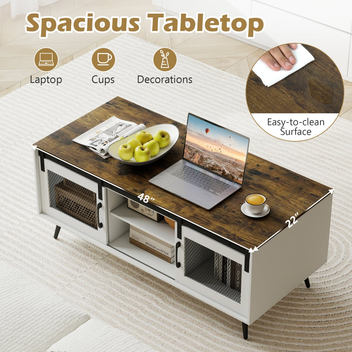 Farmhouse Coffee Table with Sliding Doors Rectangular with Adjustable Shelf-Rustic Brown-Coffee Tables-DECOROLALA