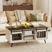 Farmhouse Coffee Table with Sliding Doors Rectangular with Adjustable Shelf-Rustic Brown-Coffee Tables-DECOROLALA