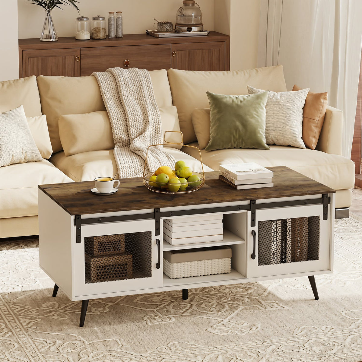 Farmhouse Coffee Table with Sliding Doors Rectangular with Adjustable Shelf-Rustic Brown-Coffee Tables-DECOROLALA