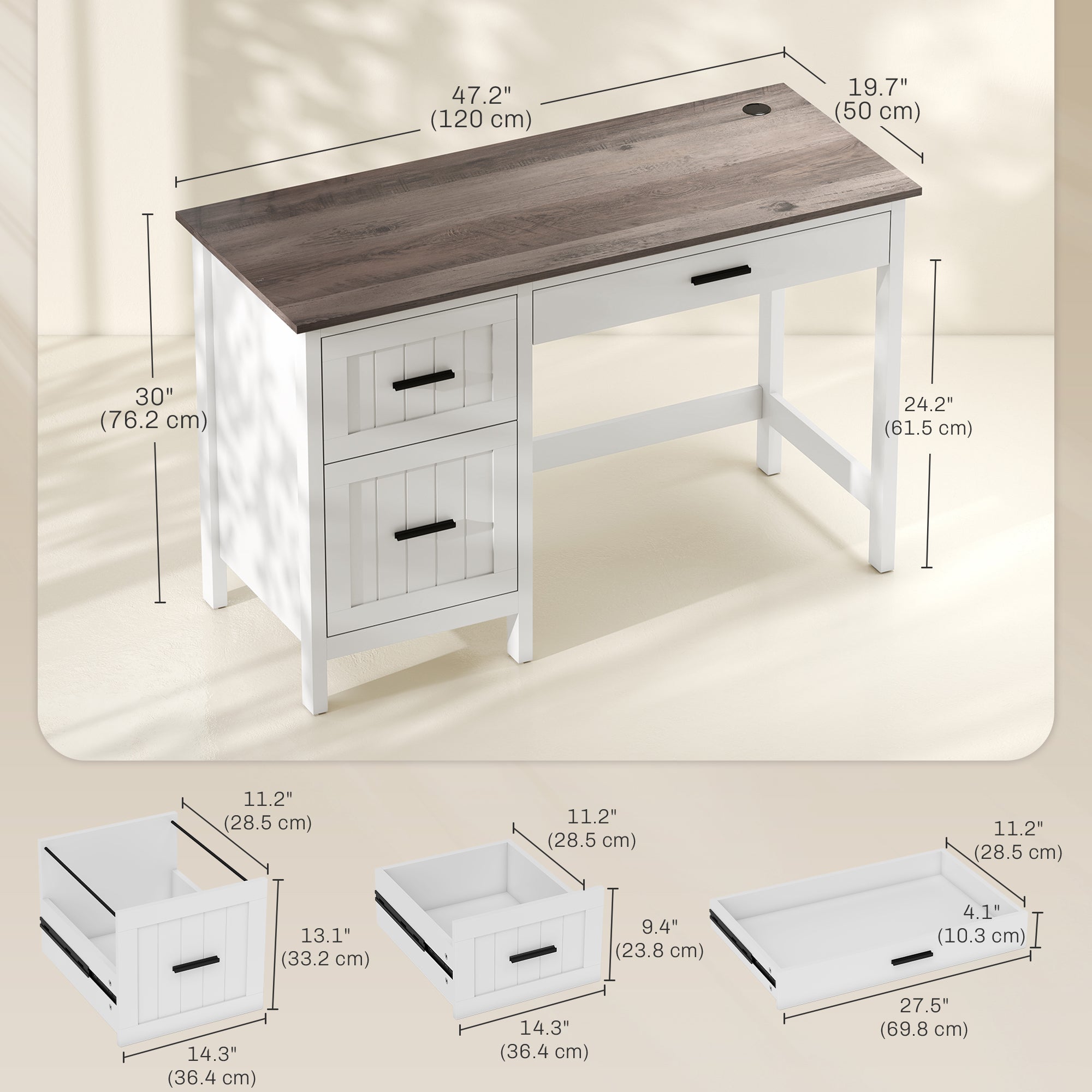 Farmhouse Computer Desk with 3 Drawers - White 47"-DECOROLALA