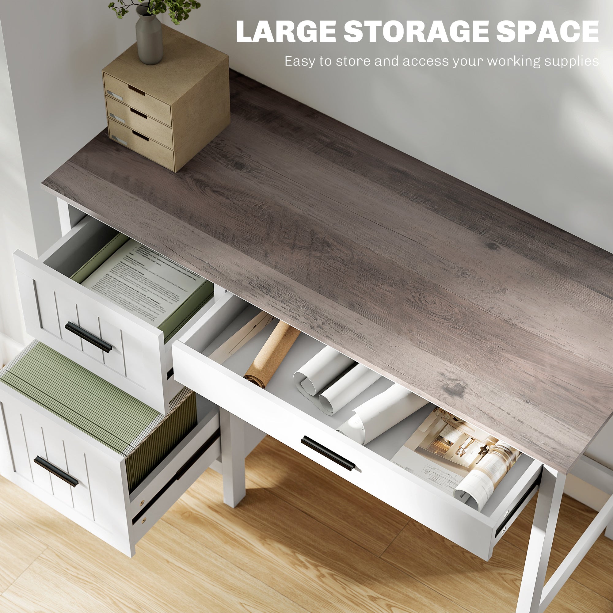 Farmhouse Computer Desk with 3 Drawers - White 47"-DECOROLALA