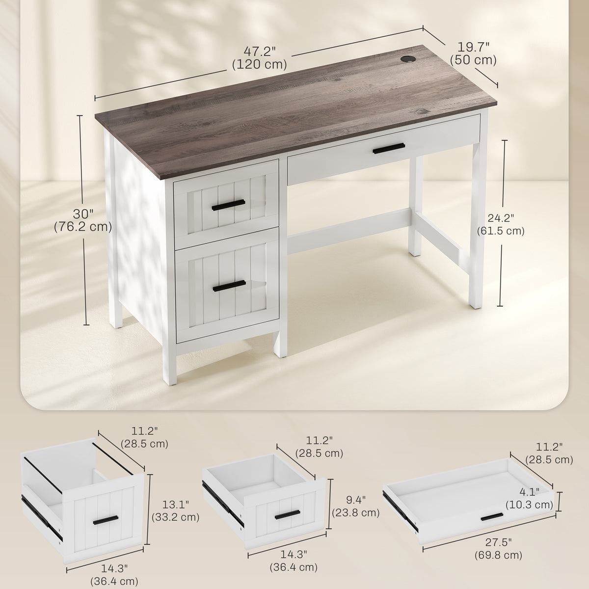 Farmhouse Computer Desk with 3 Drawers - White 47"-DECOROLALA