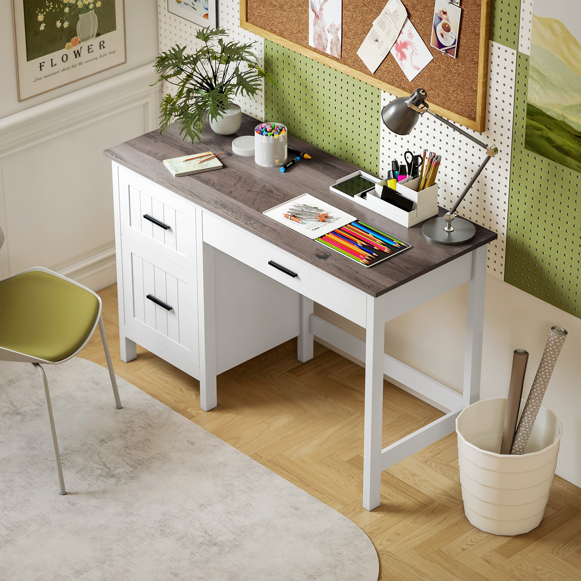 Farmhouse Computer Desk with 3 Drawers - White 47"-DECOROLALA