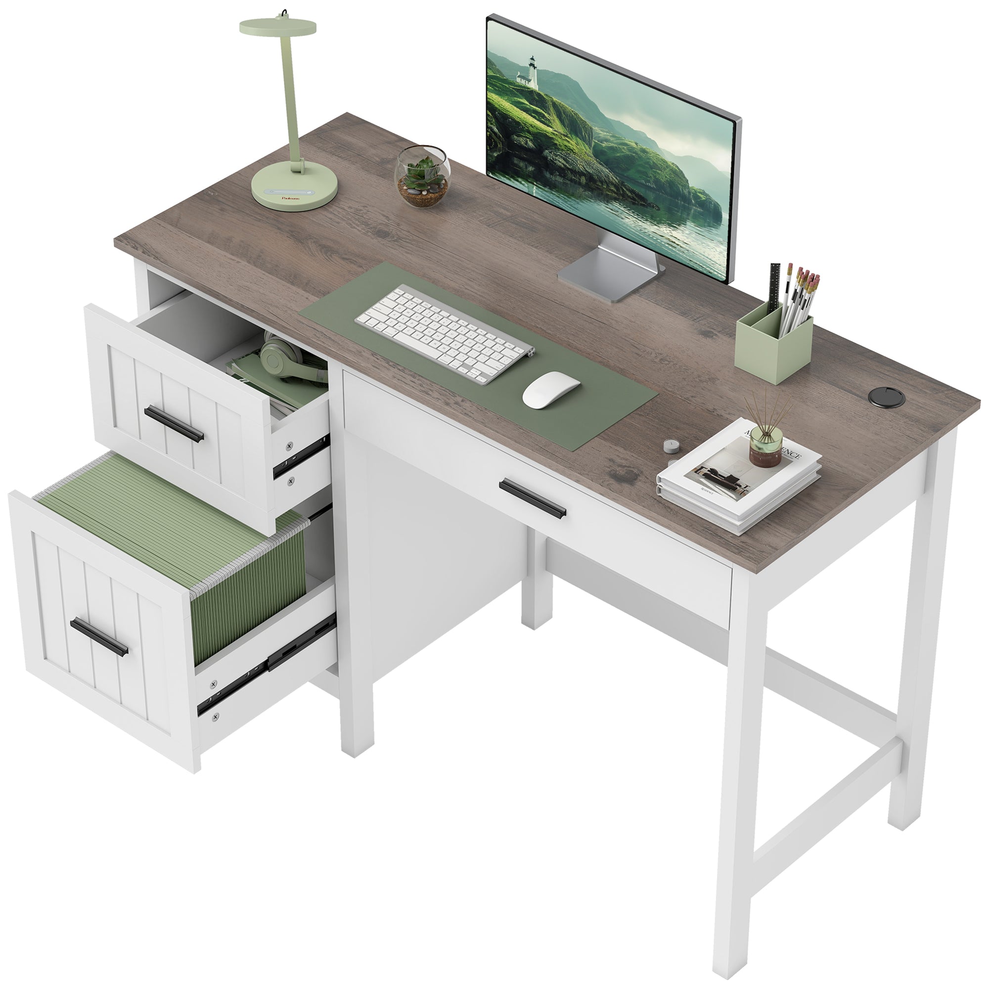 Farmhouse Computer Desk with 3 Drawers - White 47"-DECOROLALA