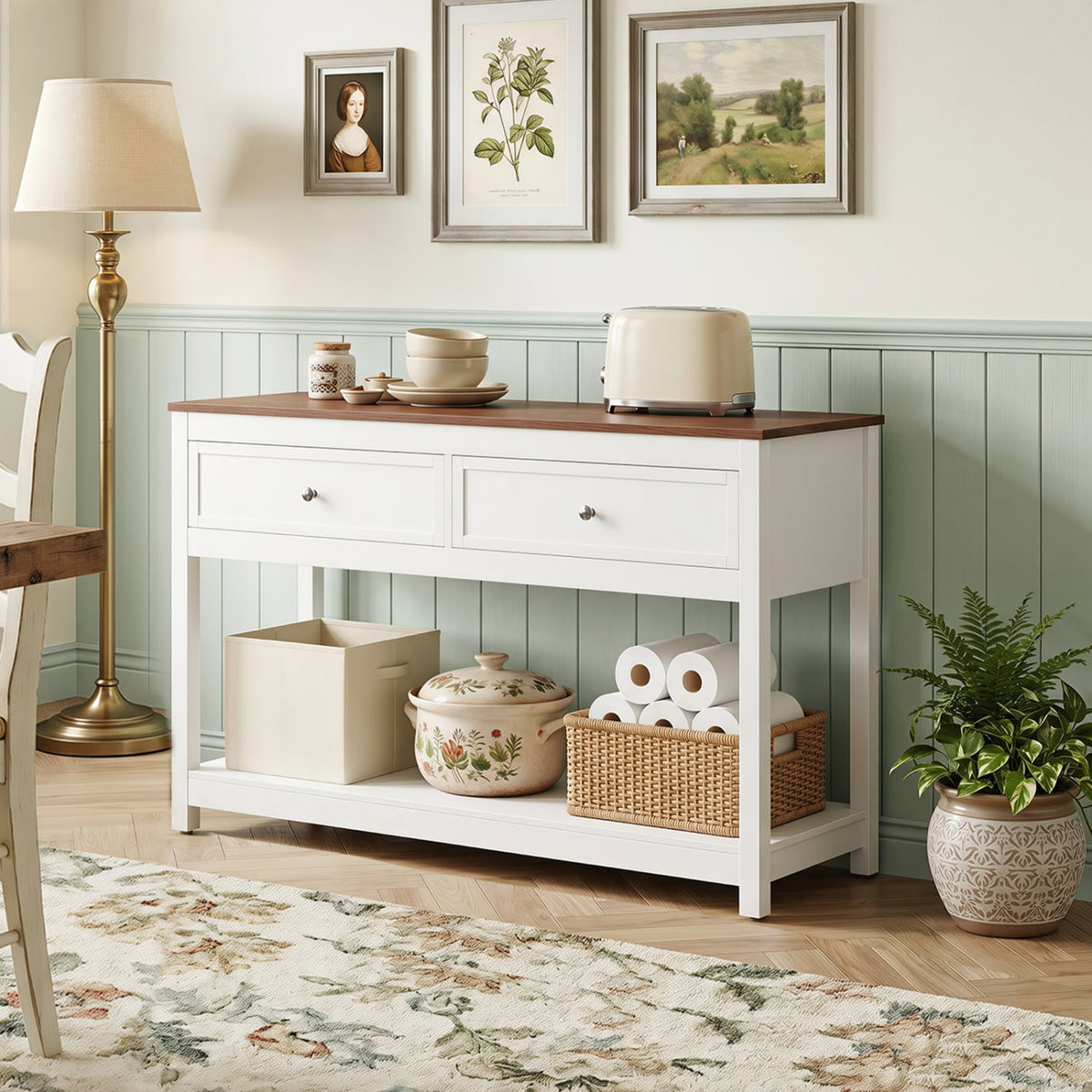 Farmhouse Console Table with 2 Drawers & Open Storage Shelf-White-Console Tables-DECOROLALA