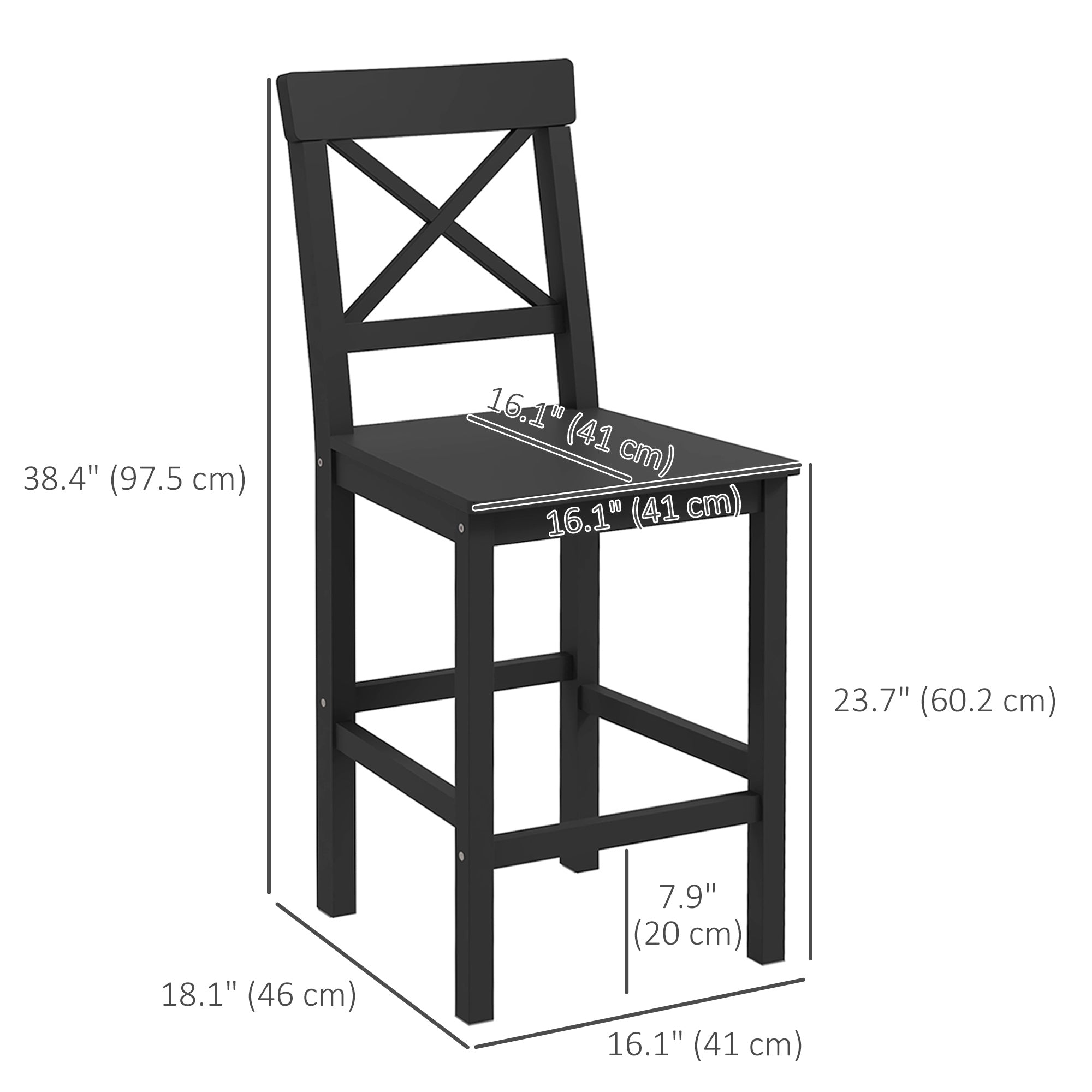 Farmhouse Counter Height Stools - Set of 2, Black Pine Wood-Home Furnishings > Kitchen & Dining Furniture > Bar Stools-DECOROLALA