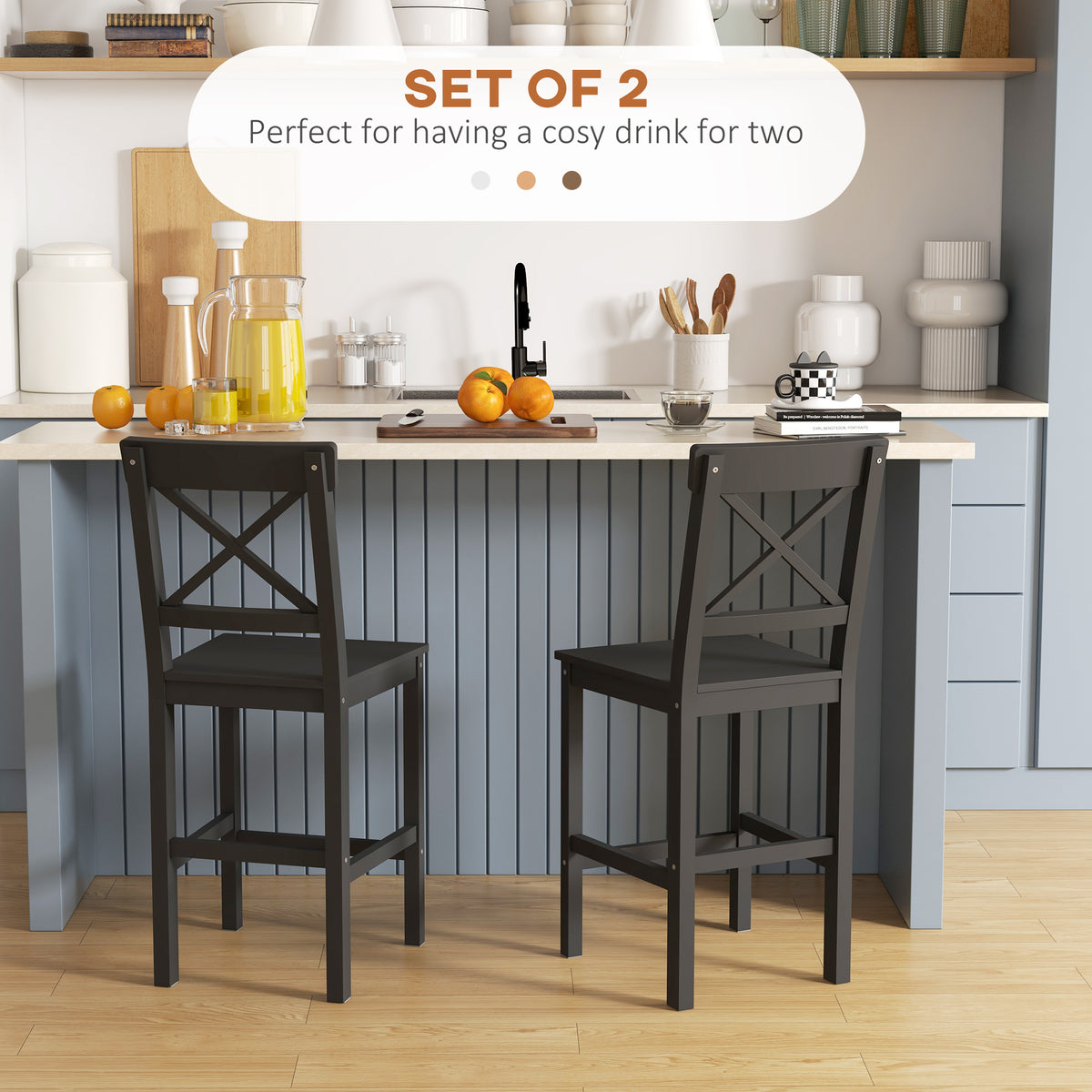 Farmhouse Counter Height Stools - Set of 2, Black Pine Wood-Home Furnishings > Kitchen & Dining Furniture > Bar Stools-DECOROLALA