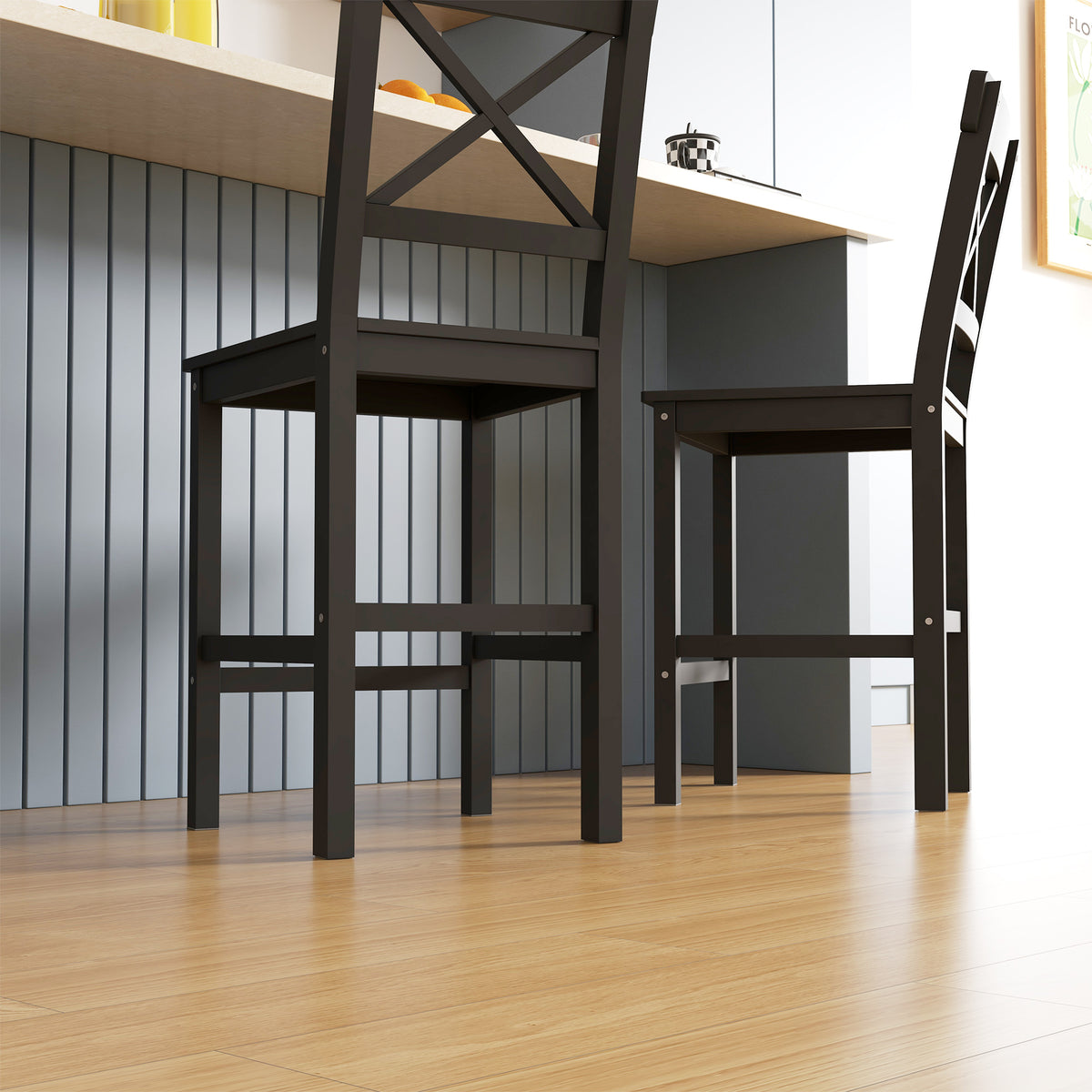 Farmhouse Counter Height Stools - Set of 2, Black Pine Wood-Home Furnishings > Kitchen & Dining Furniture > Bar Stools-DECOROLALA