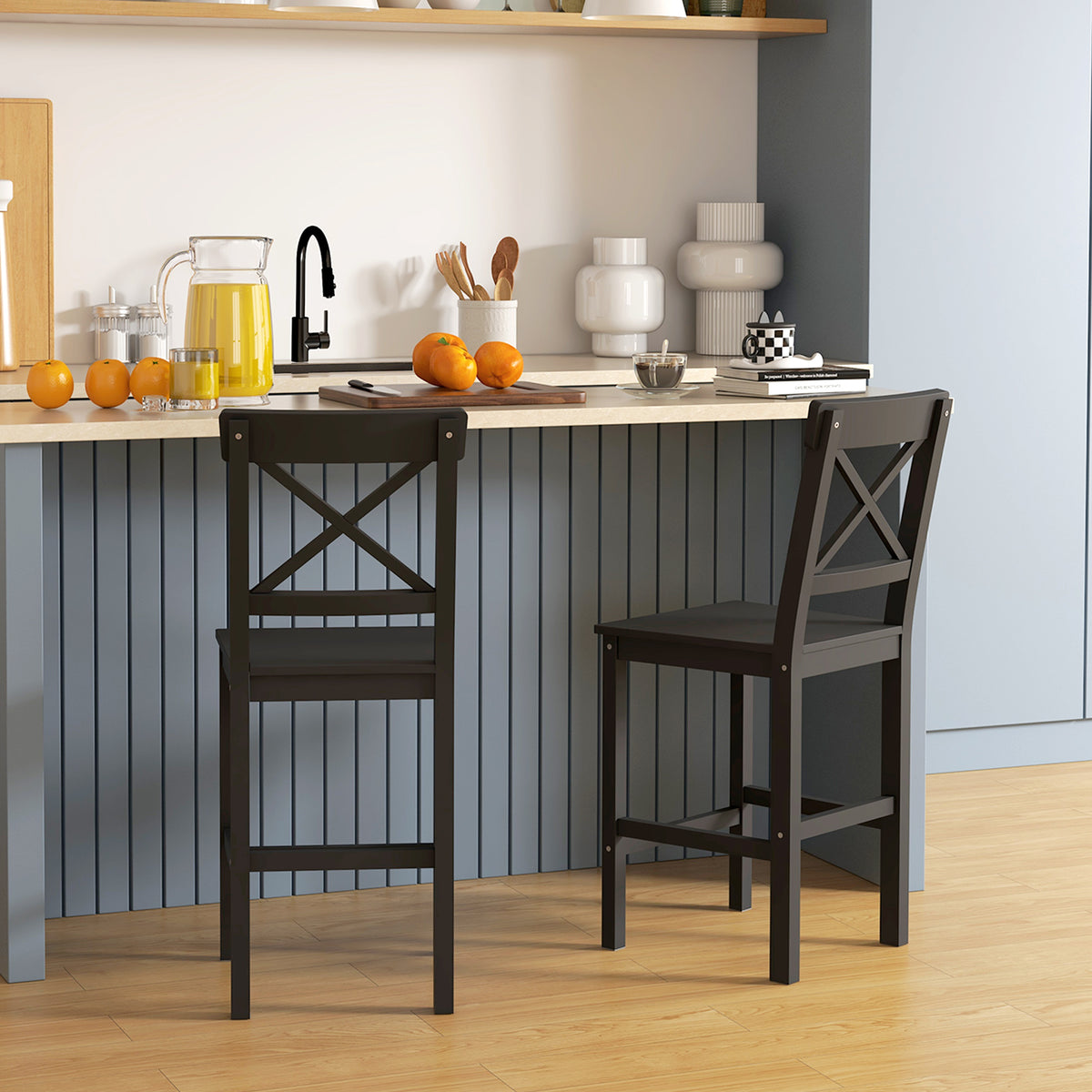 Farmhouse Counter Height Stools - Set of 2, Black Pine Wood-Home Furnishings > Kitchen & Dining Furniture > Bar Stools-DECOROLALA