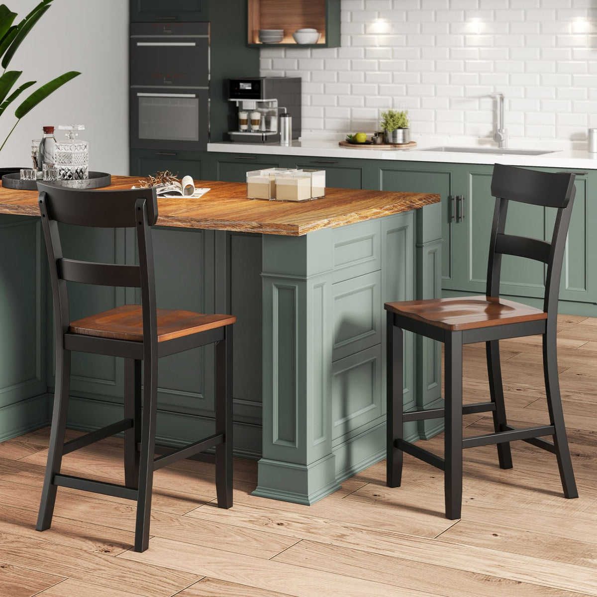 Farmhouse Dining Bar Stool Set of 2 with Solid Rubber Wood Frame-Black-Dining Chairs-DECOROLALA