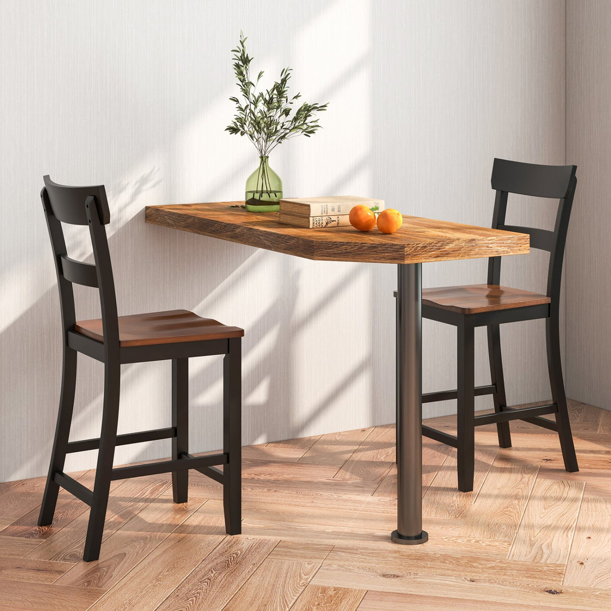 Farmhouse Dining Bar Stool Set of 2 with Solid Rubber Wood Frame-Black-Dining Chairs-DECOROLALA