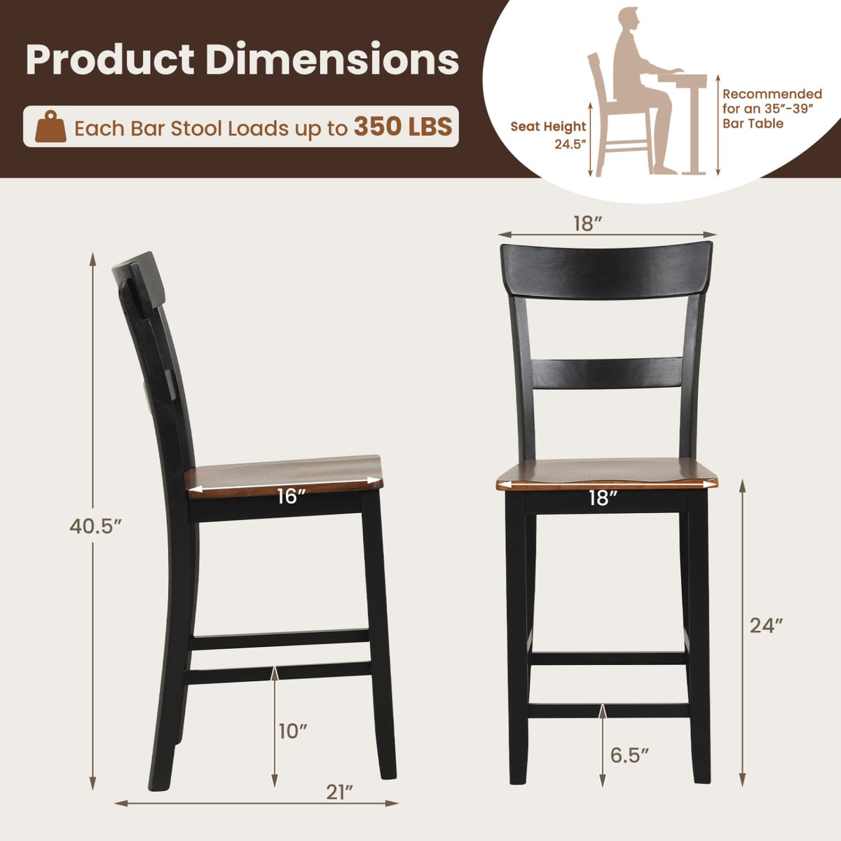 Farmhouse Dining Bar Stool Set of 2 with Solid Rubber Wood Frame-Black-Dining Chairs-DECOROLALA