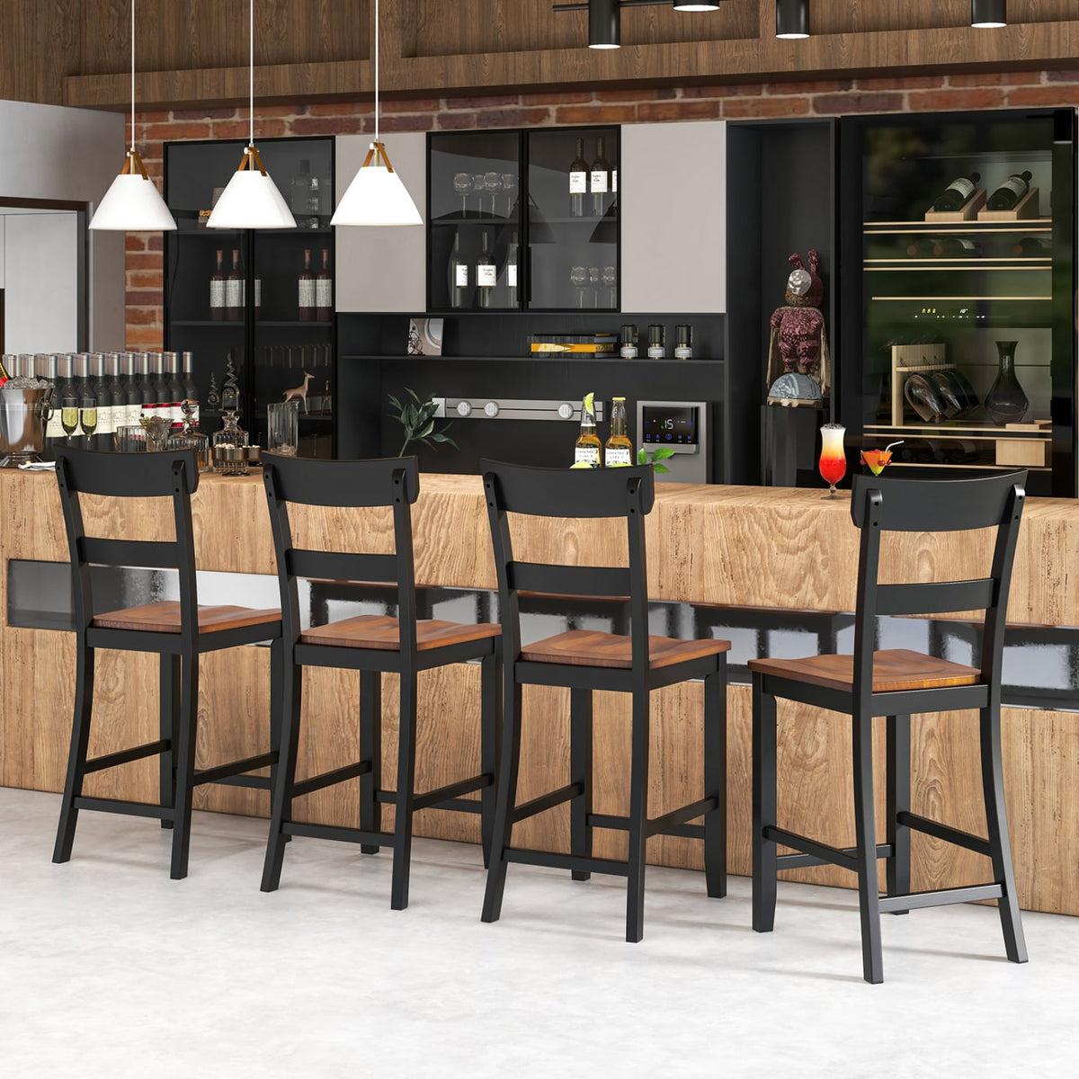 Farmhouse Dining Bar Stool Set of 2 with Solid Rubber Wood Frame-Black-Dining Chairs-DECOROLALA