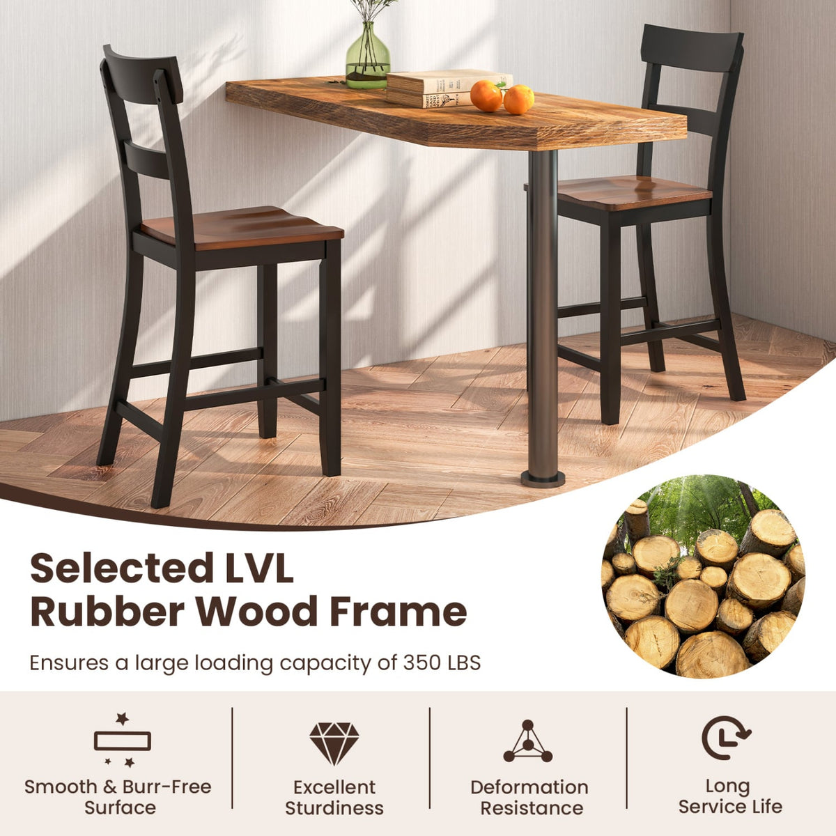 Farmhouse Dining Bar Stool Set of 2 with Solid Rubber Wood Frame-Black-Dining Chairs-DECOROLALA