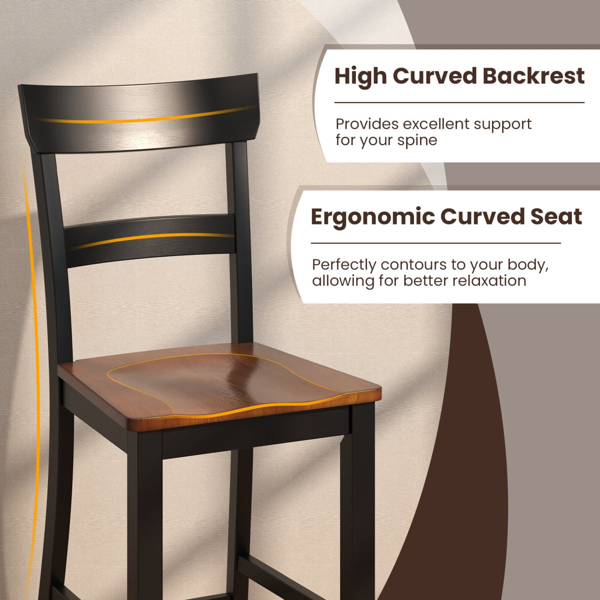 Farmhouse Dining Bar Stool Set of 2 with Solid Rubber Wood Frame-Black-Dining Chairs-DECOROLALA