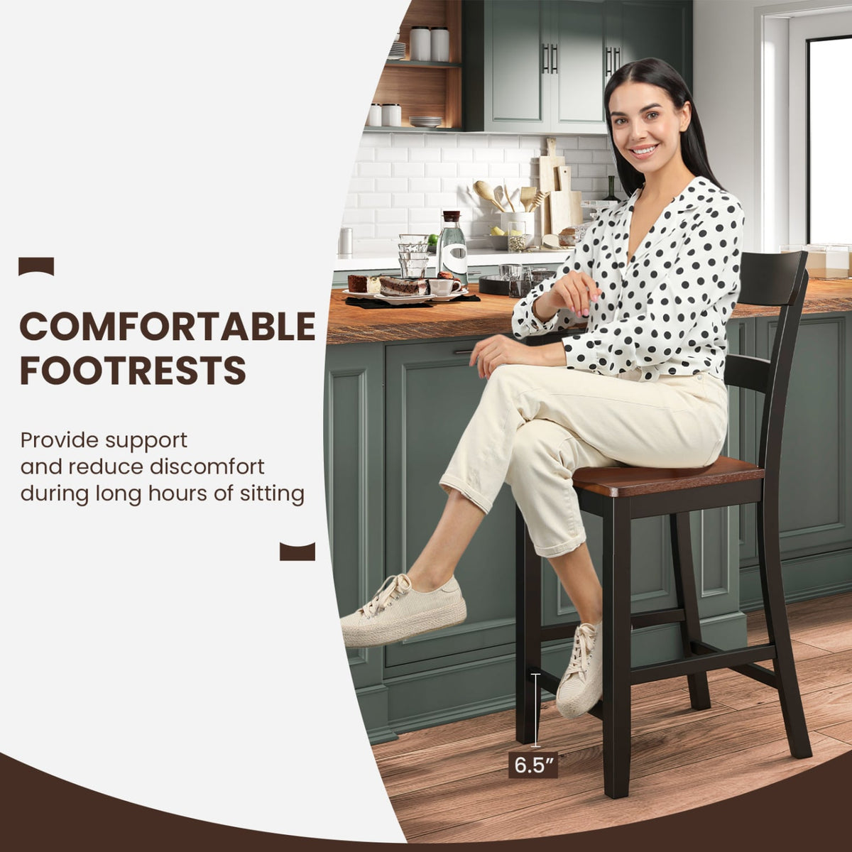 Farmhouse Dining Bar Stool Set of 2 with Solid Rubber Wood Frame-Black-Dining Chairs-DECOROLALA