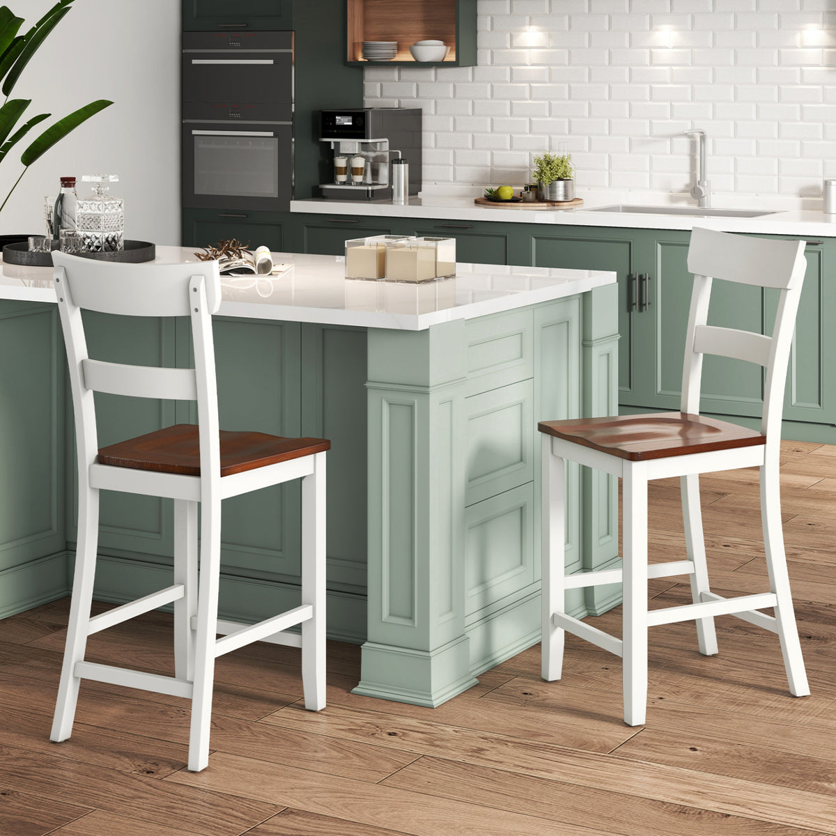 Farmhouse Dining Bar Stool Set of 2 with Solid Rubber Wood Frame-White-Dining Chairs-DECOROLALA