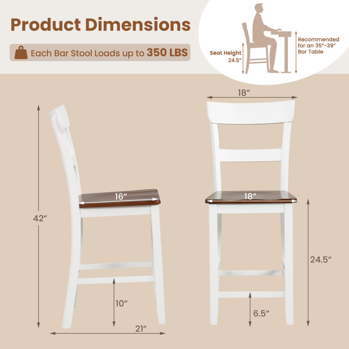 Farmhouse Dining Bar Stool Set of 2 with Solid Rubber Wood Frame-White-Dining Chairs-DECOROLALA