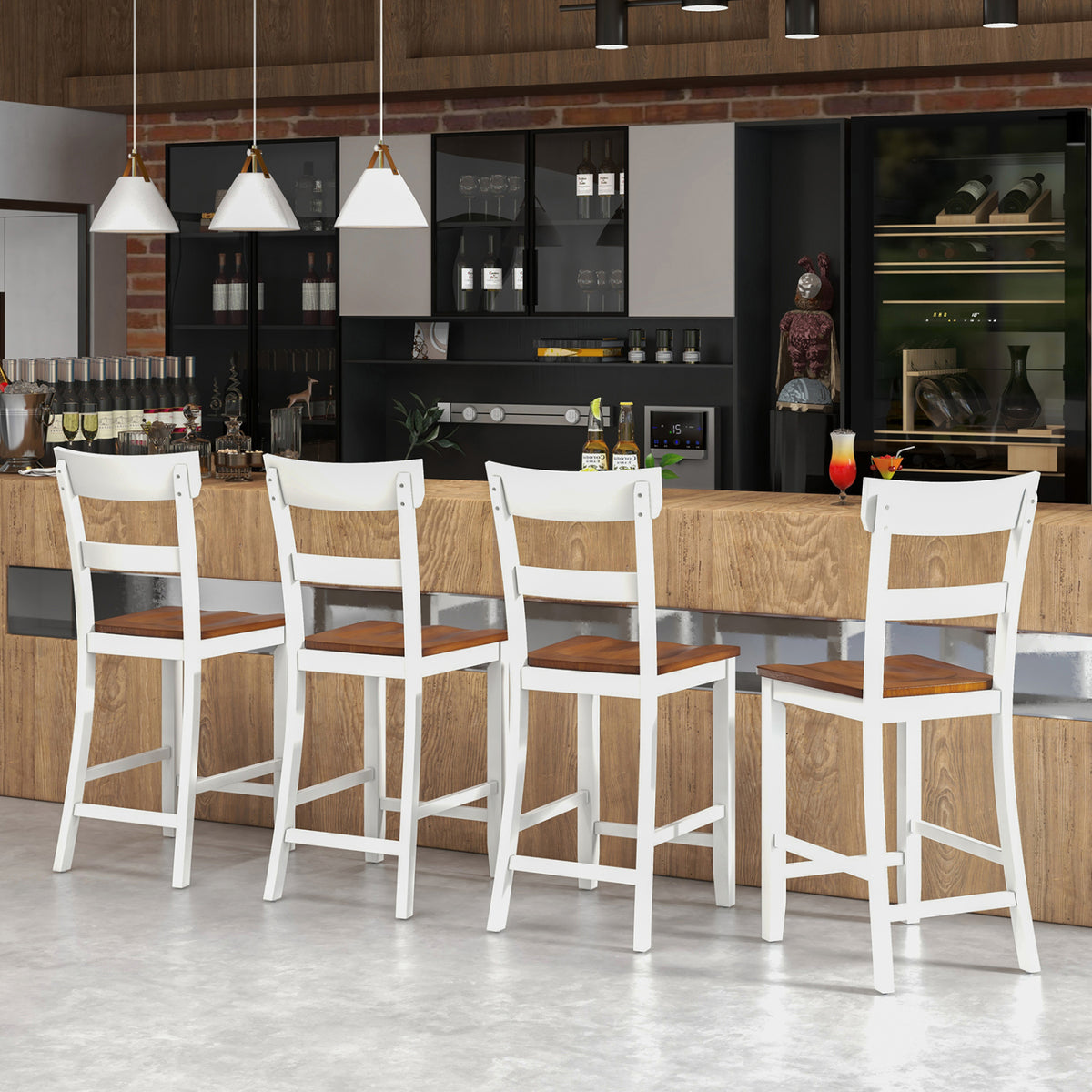 Farmhouse Dining Bar Stool Set of 2 with Solid Rubber Wood Frame-White-Dining Chairs-DECOROLALA