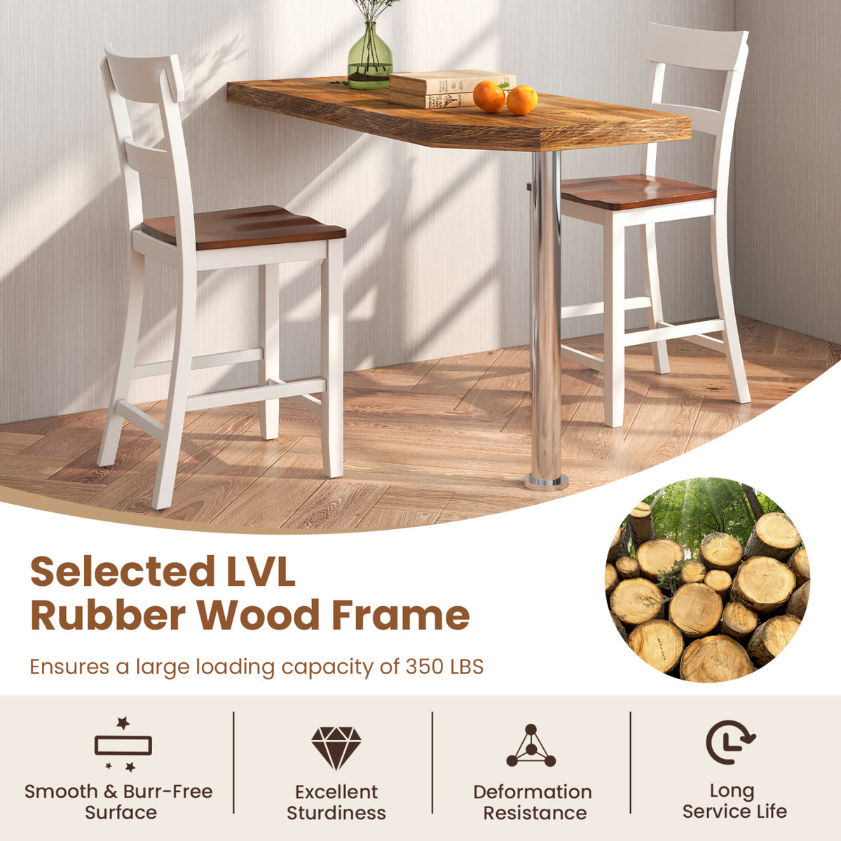 Farmhouse Dining Bar Stool Set of 2 with Solid Rubber Wood Frame-White-Dining Chairs-DECOROLALA