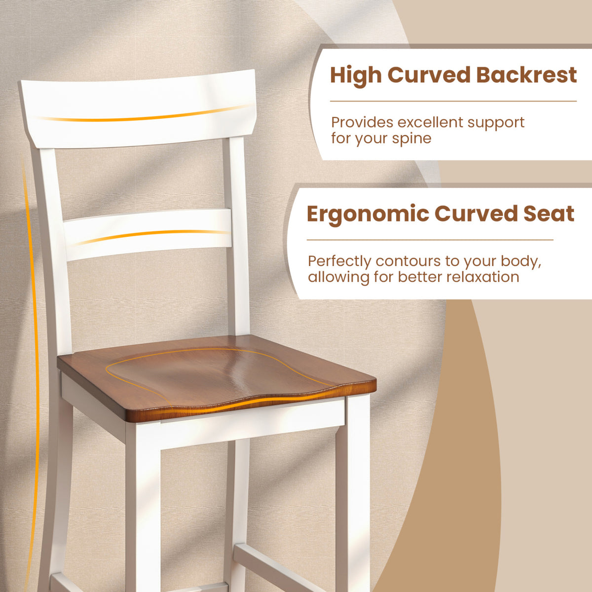 Farmhouse Dining Bar Stool Set of 2 with Solid Rubber Wood Frame-White-Dining Chairs-DECOROLALA