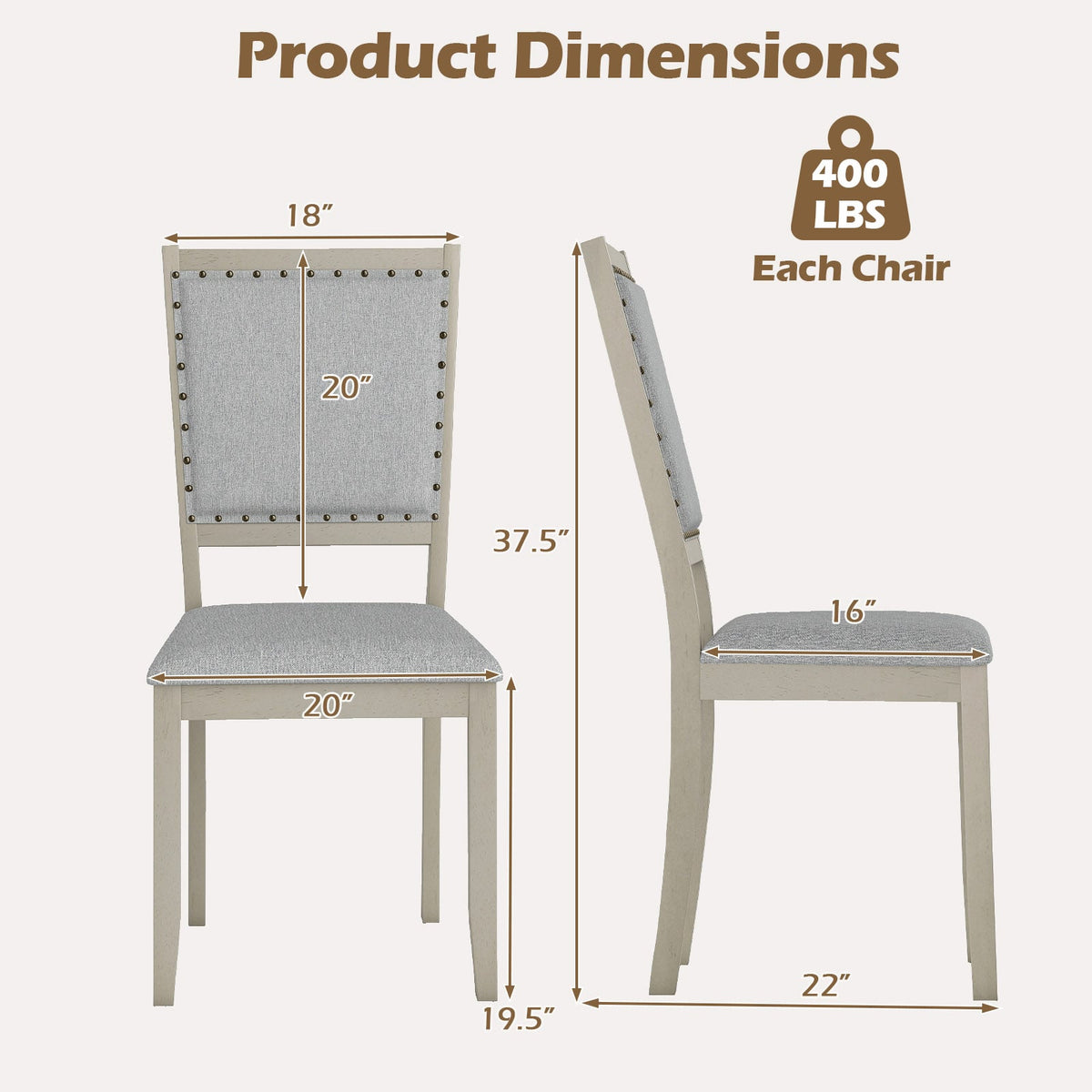 Farmhouse Dining Chair Set of 2 Fabric Upholstered Kitchen Chairs-Grey-Dining Chairs-DECOROLALA