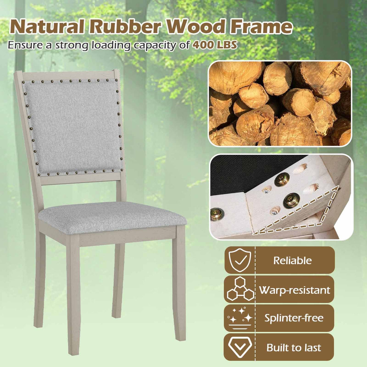 Farmhouse Dining Chair Set of 2 Fabric Upholstered Kitchen Chairs-Grey-Dining Chairs-DECOROLALA