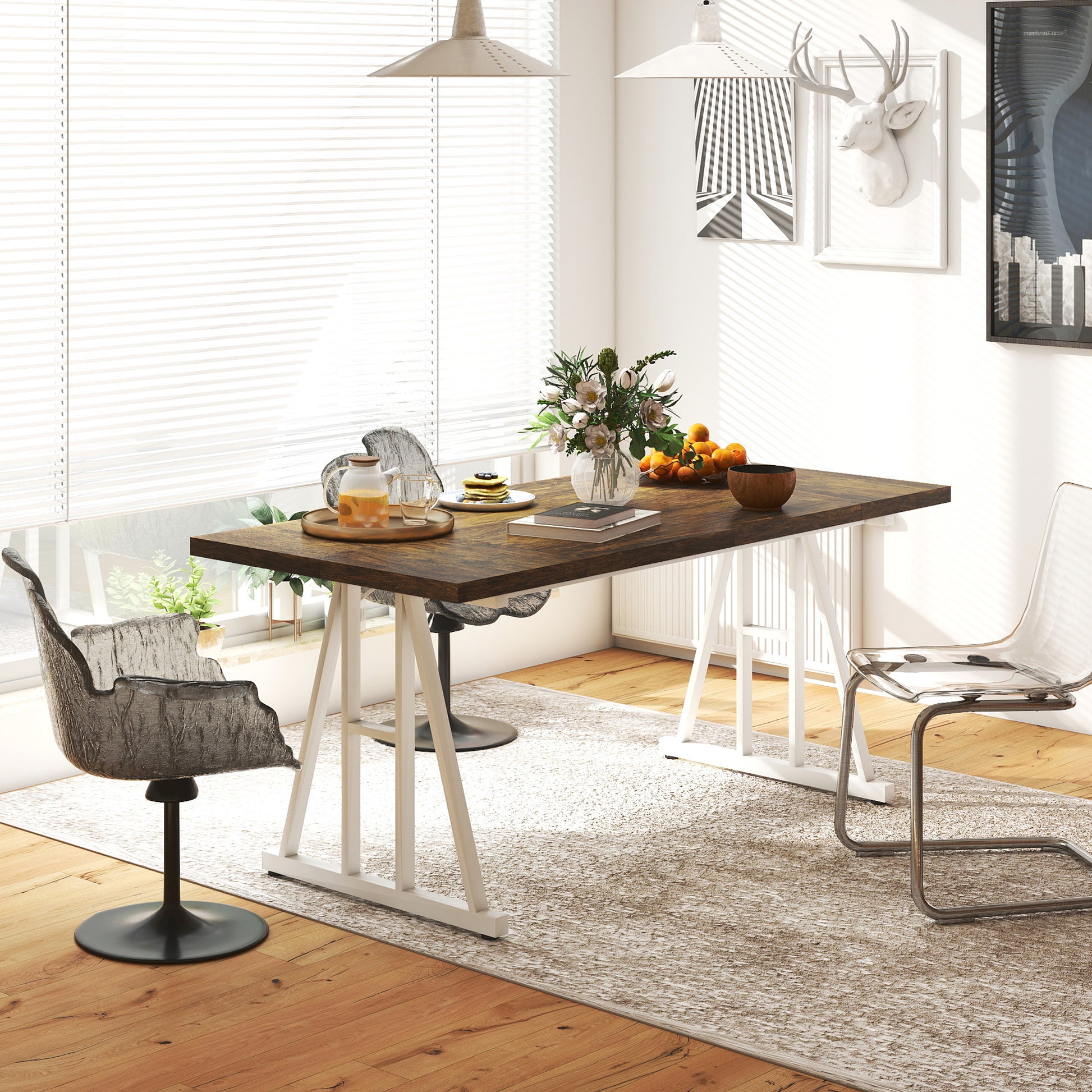 Farmhouse Dining Table for 8 - Brown and White 70.9" W-DECOROLALA