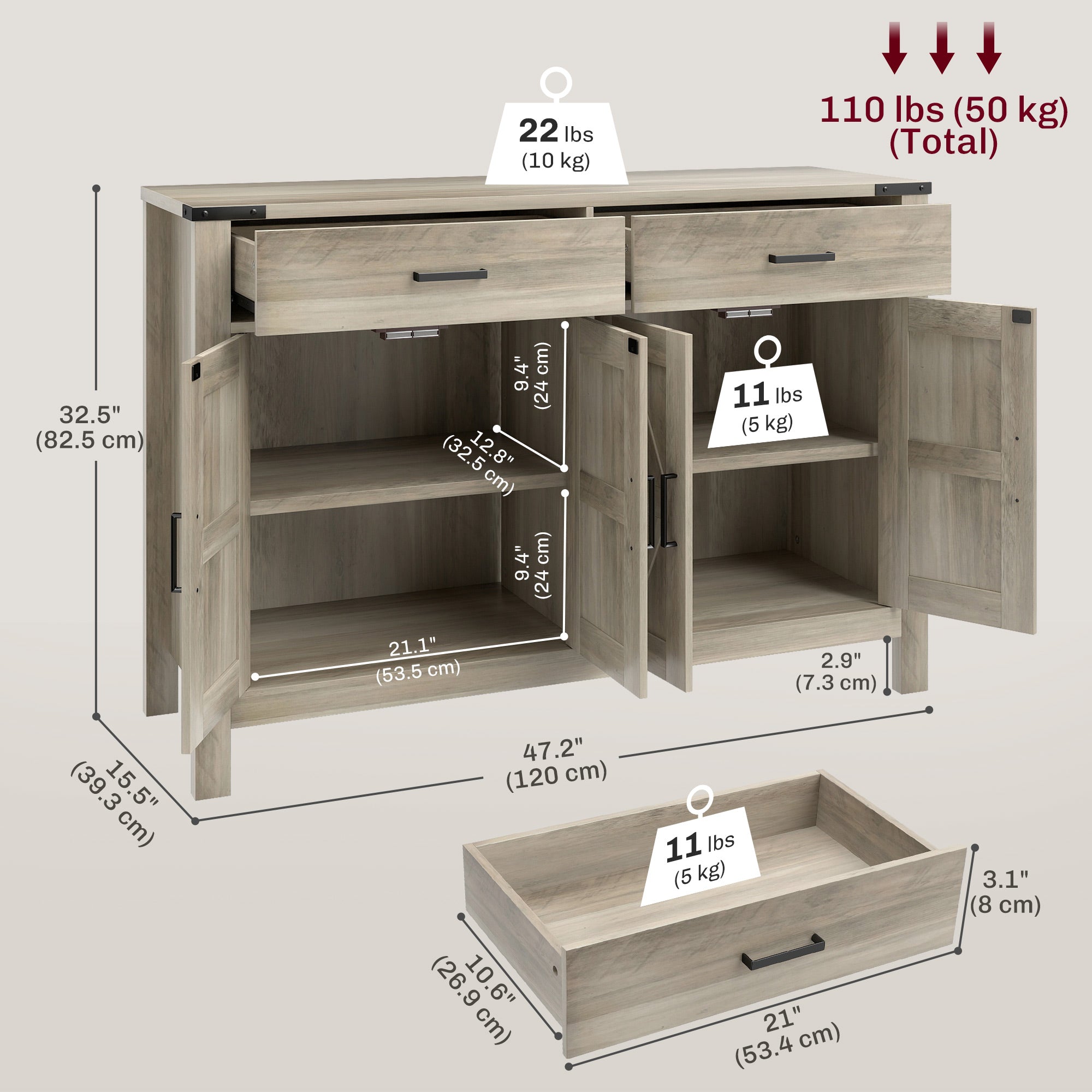 Farmhouse Grey Storage Cabinet with 2 Drawers & Shelves - Rustic 47.2"W-DECOROLALA
