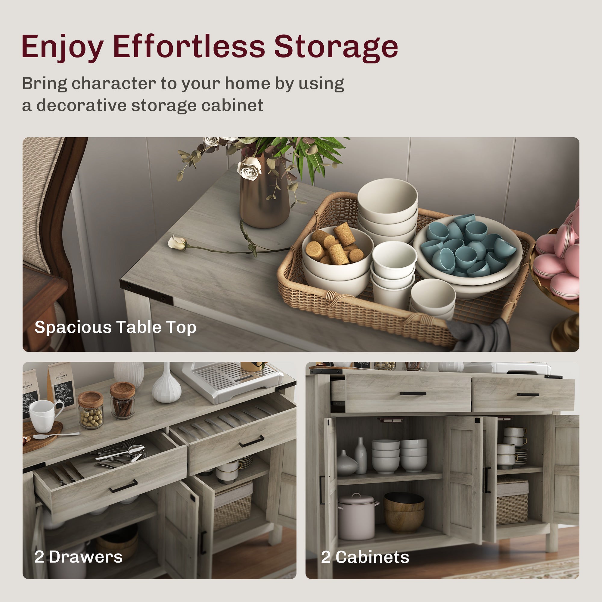 Farmhouse Grey Storage Cabinet with 2 Drawers & Shelves - Rustic 47.2"W-DECOROLALA