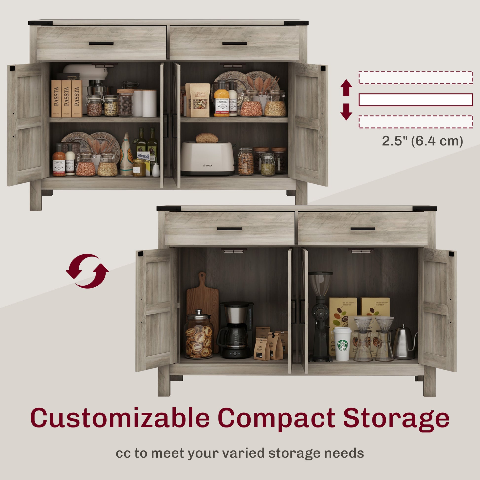 Farmhouse Grey Storage Cabinet with 2 Drawers & Shelves - Rustic 47.2"W-DECOROLALA