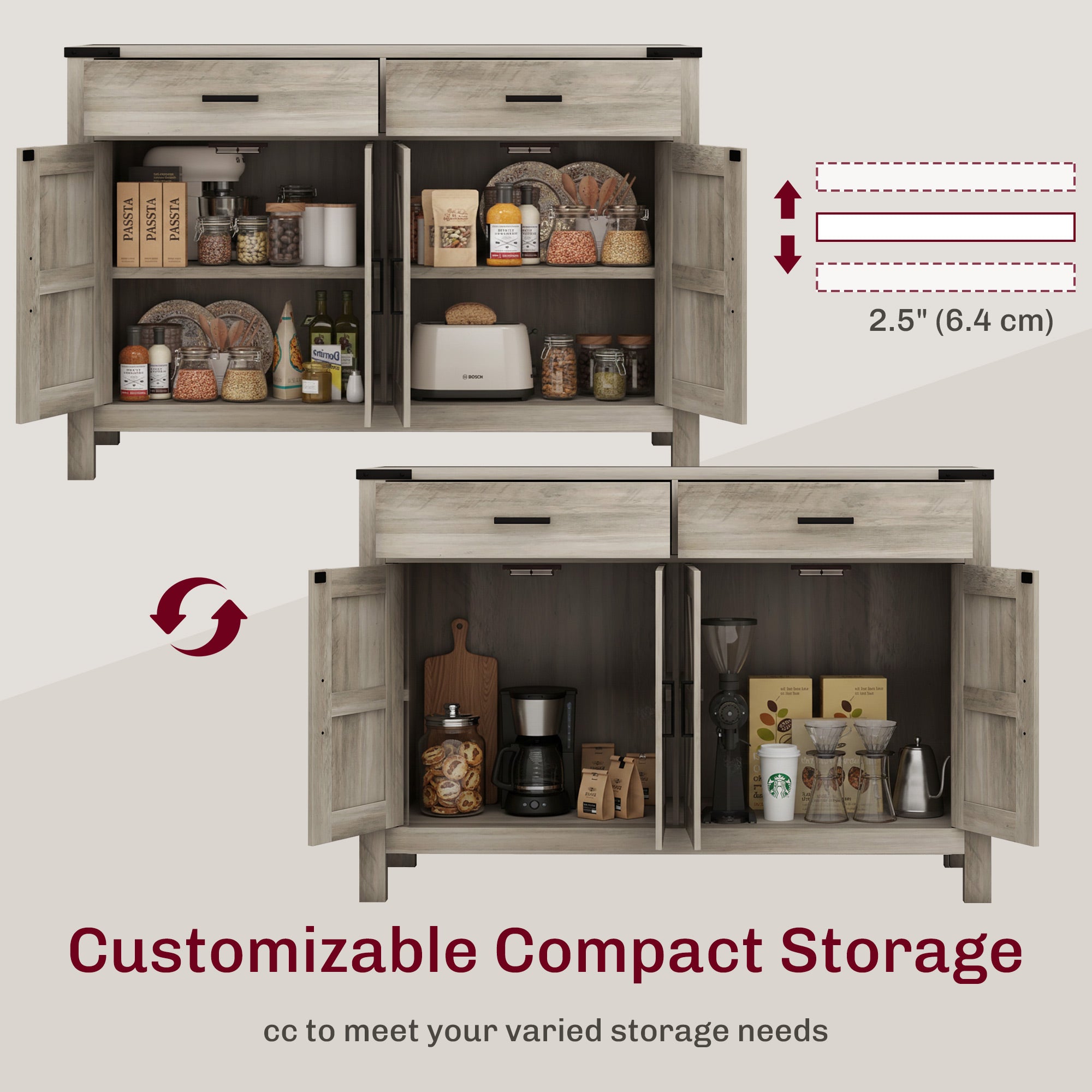 Farmhouse Grey Storage Cabinet with 2 Drawers & Shelves - Rustic 47.2"W-DECOROLALA