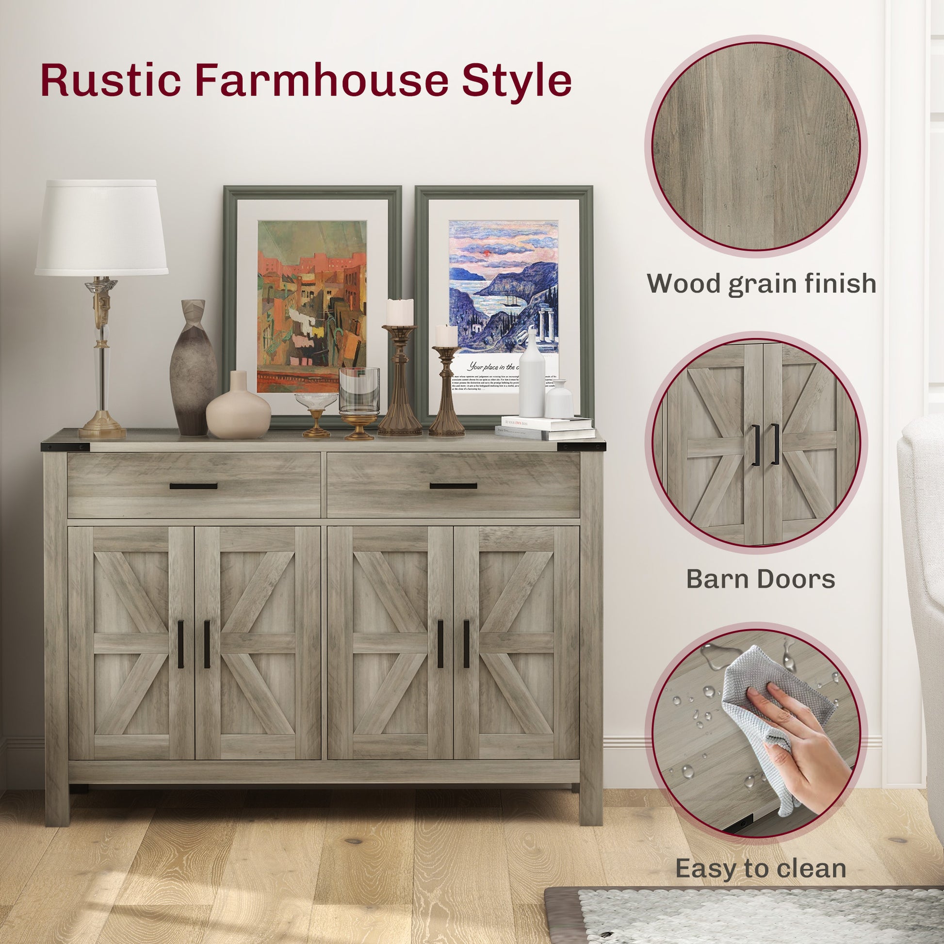 Farmhouse Grey Storage Cabinet with 2 Drawers & Shelves - Rustic 47.2"W-DECOROLALA