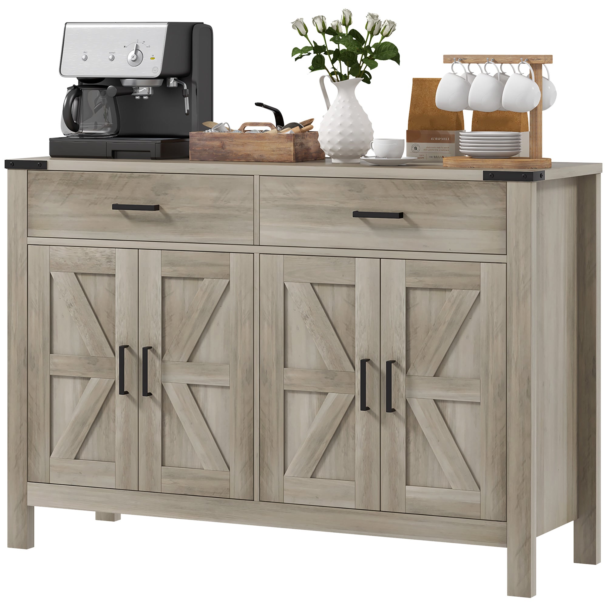 Farmhouse Grey Storage Cabinet with 2 Drawers & Shelves - Rustic 47.2"W-DECOROLALA