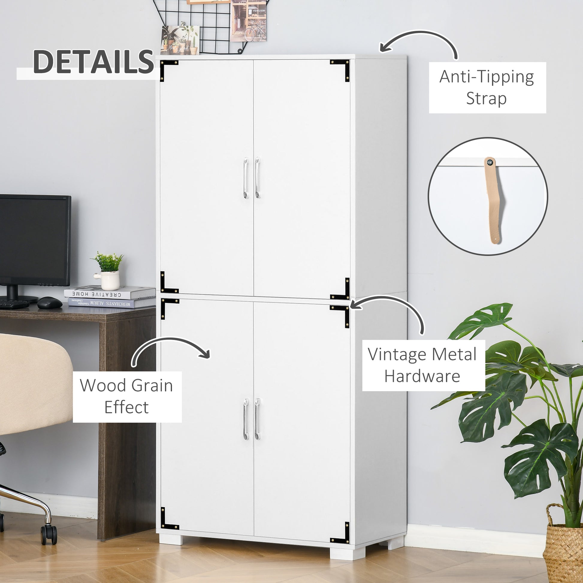 Farmhouse Kitchen Cabinet 4-Door White 63"-DECOROLALA