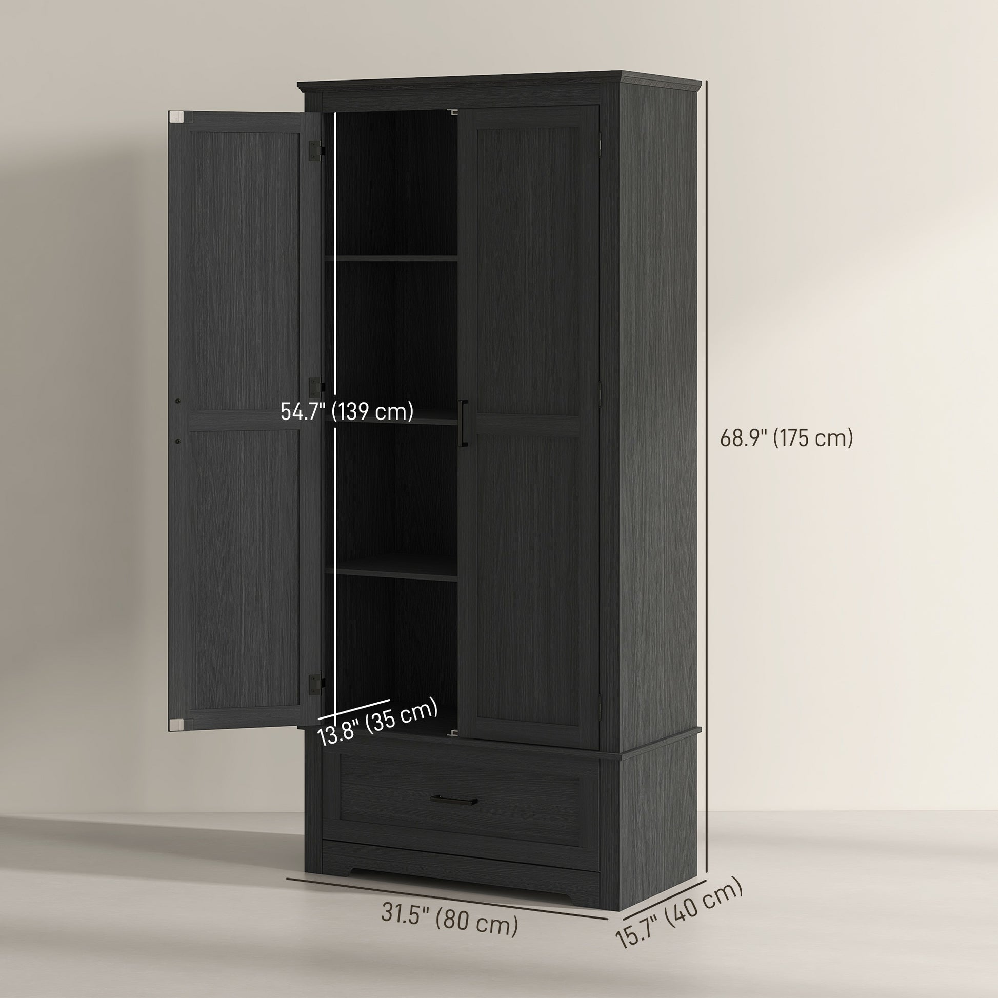 Farmhouse Kitchen Cabinet - 69" Tall, 2 Doors, Drawer, Adjustable Shelves Black Wood-DECOROLALA