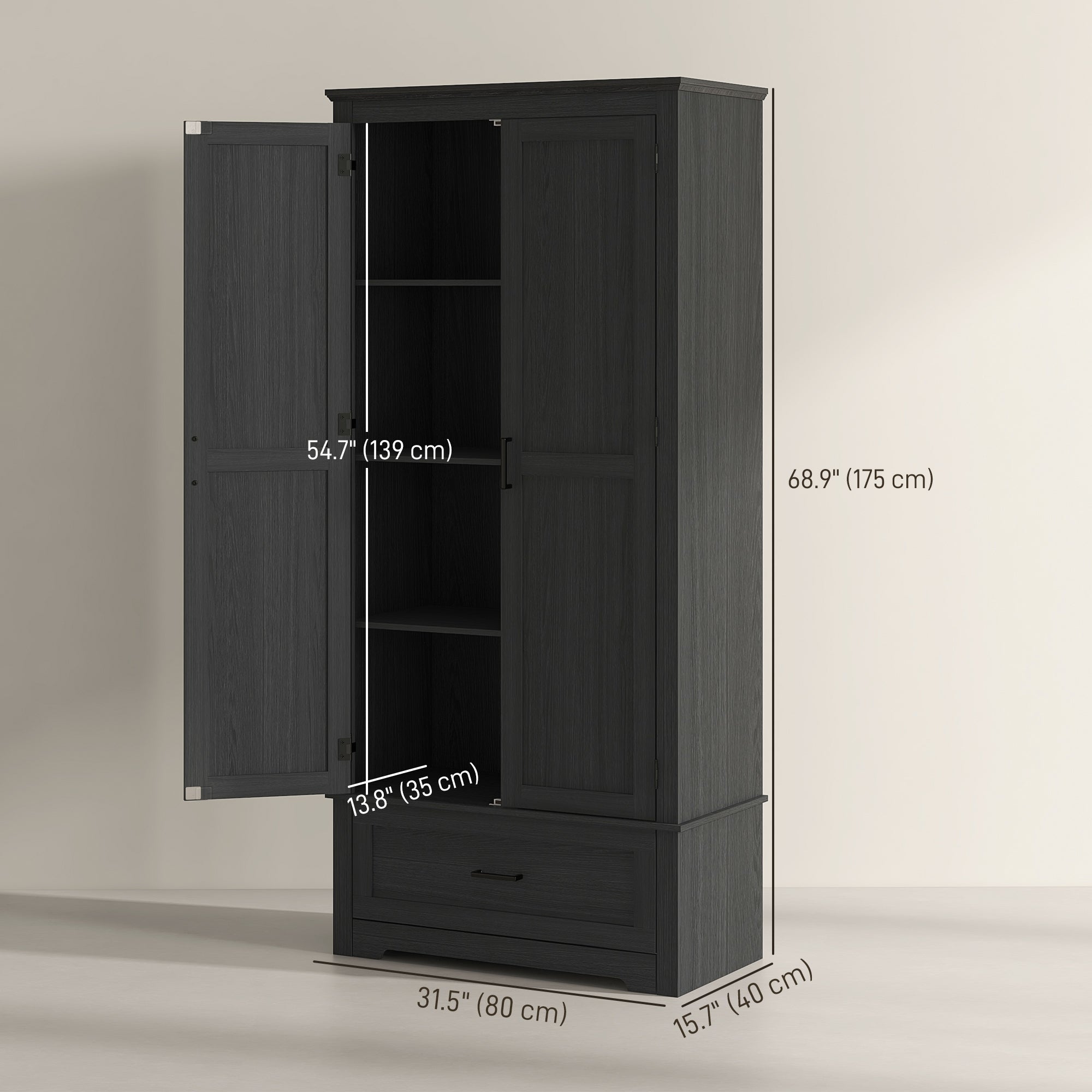Farmhouse Kitchen Cabinet - 69" Tall, 2 Doors, Drawer, Adjustable Shelves Black Wood-DECOROLALA