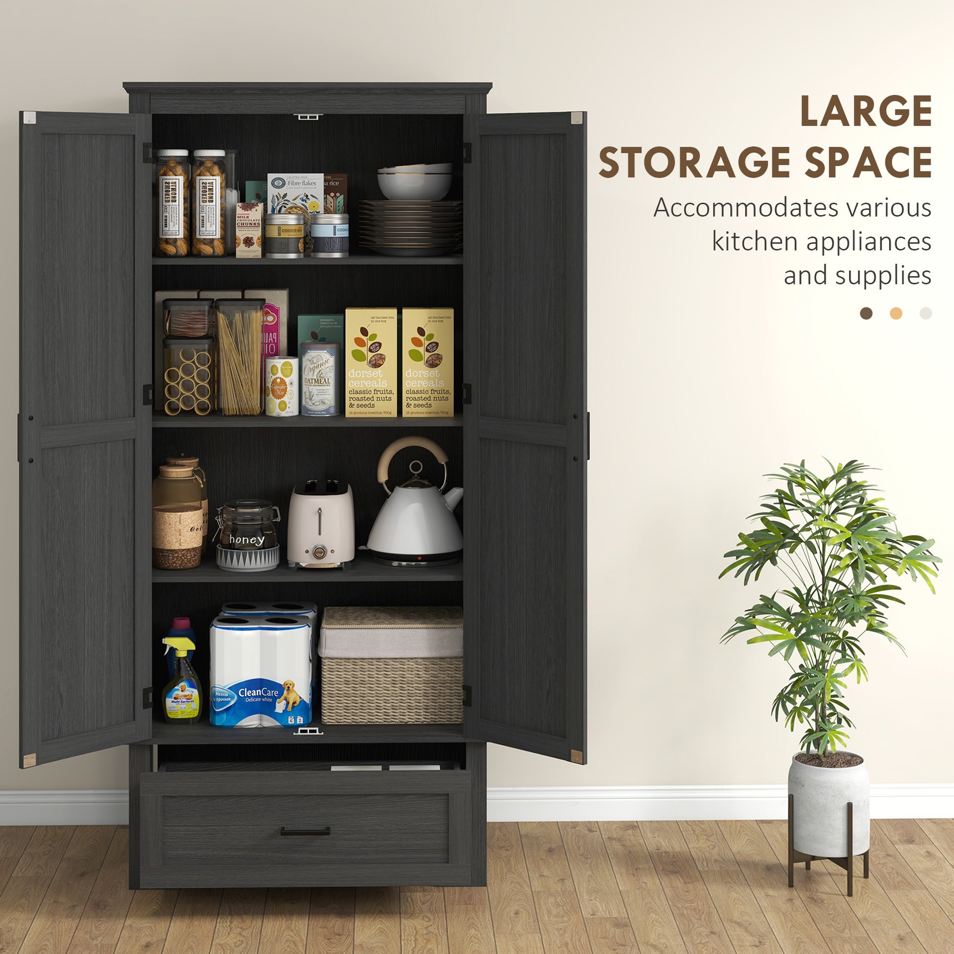 Farmhouse Kitchen Cabinet - 69" Tall, 2 Doors, Drawer, Adjustable Shelves Black Wood-DECOROLALA