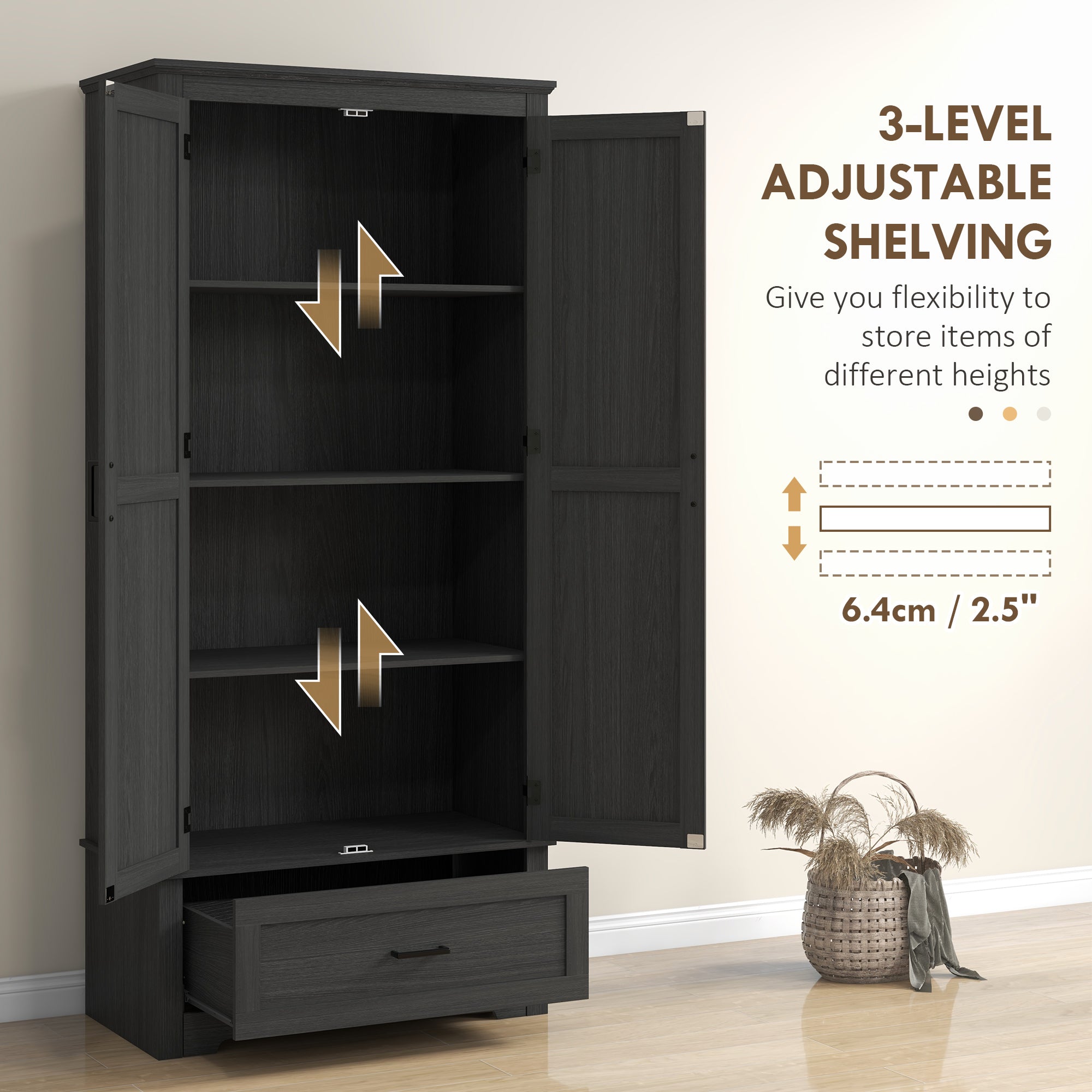 Farmhouse Kitchen Cabinet - 69" Tall, 2 Doors, Drawer, Adjustable Shelves Black Wood-DECOROLALA